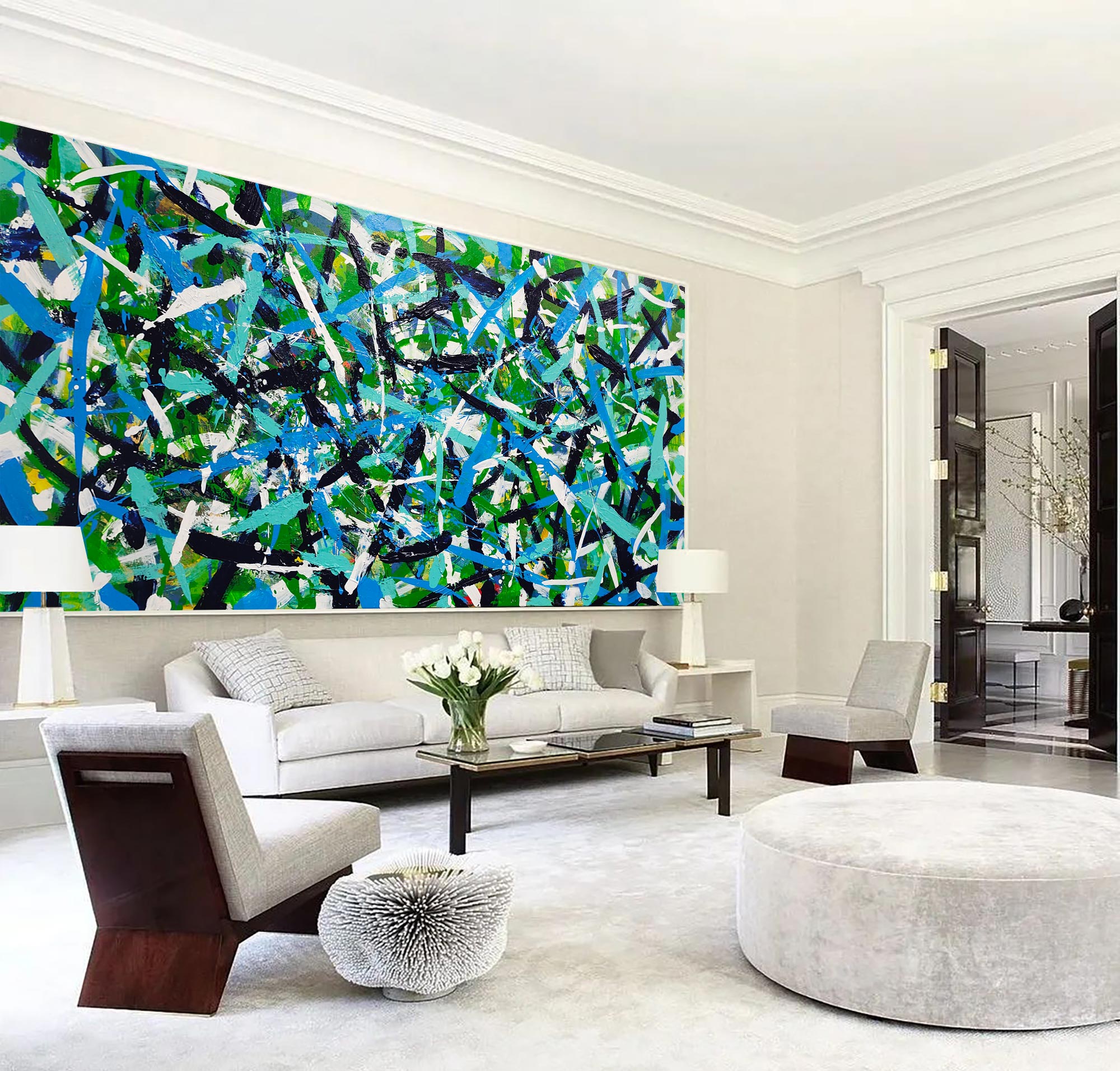 Abstract Expressionist Green Blue Teal Black Acrylic on Canvas Painting