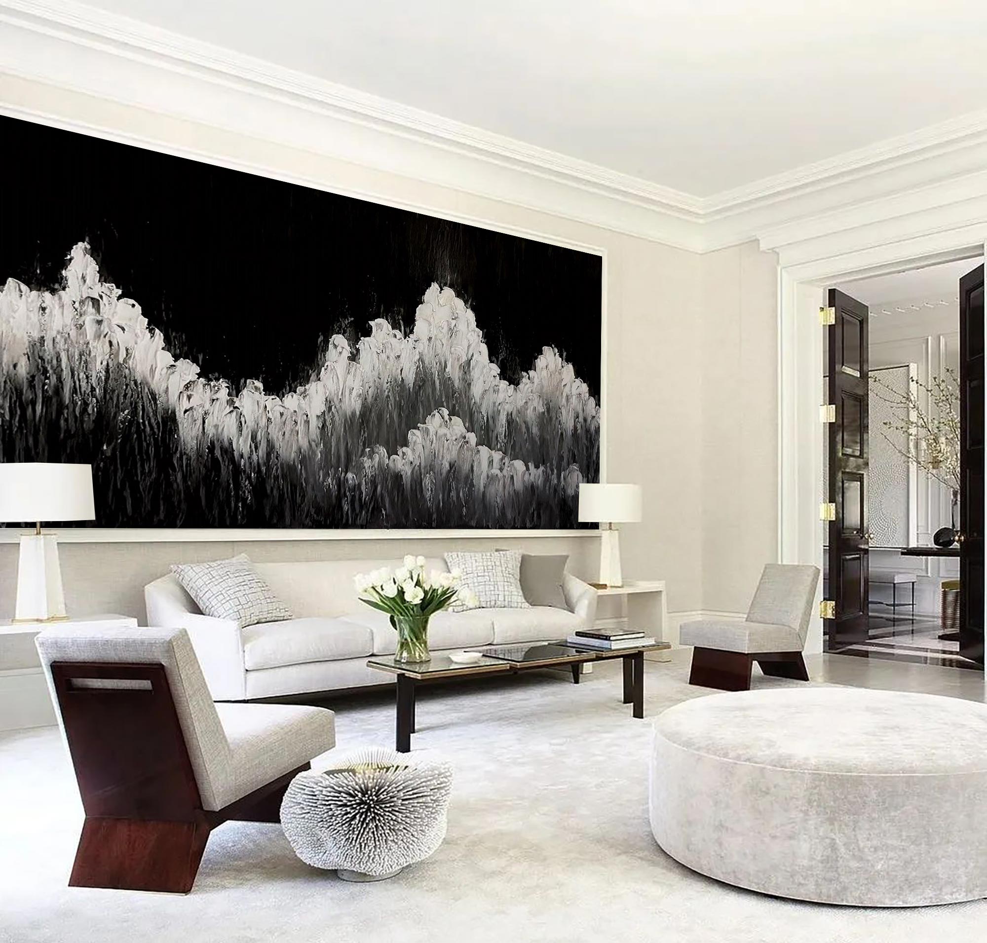 Abstract Black White Mountain Landscape Painting