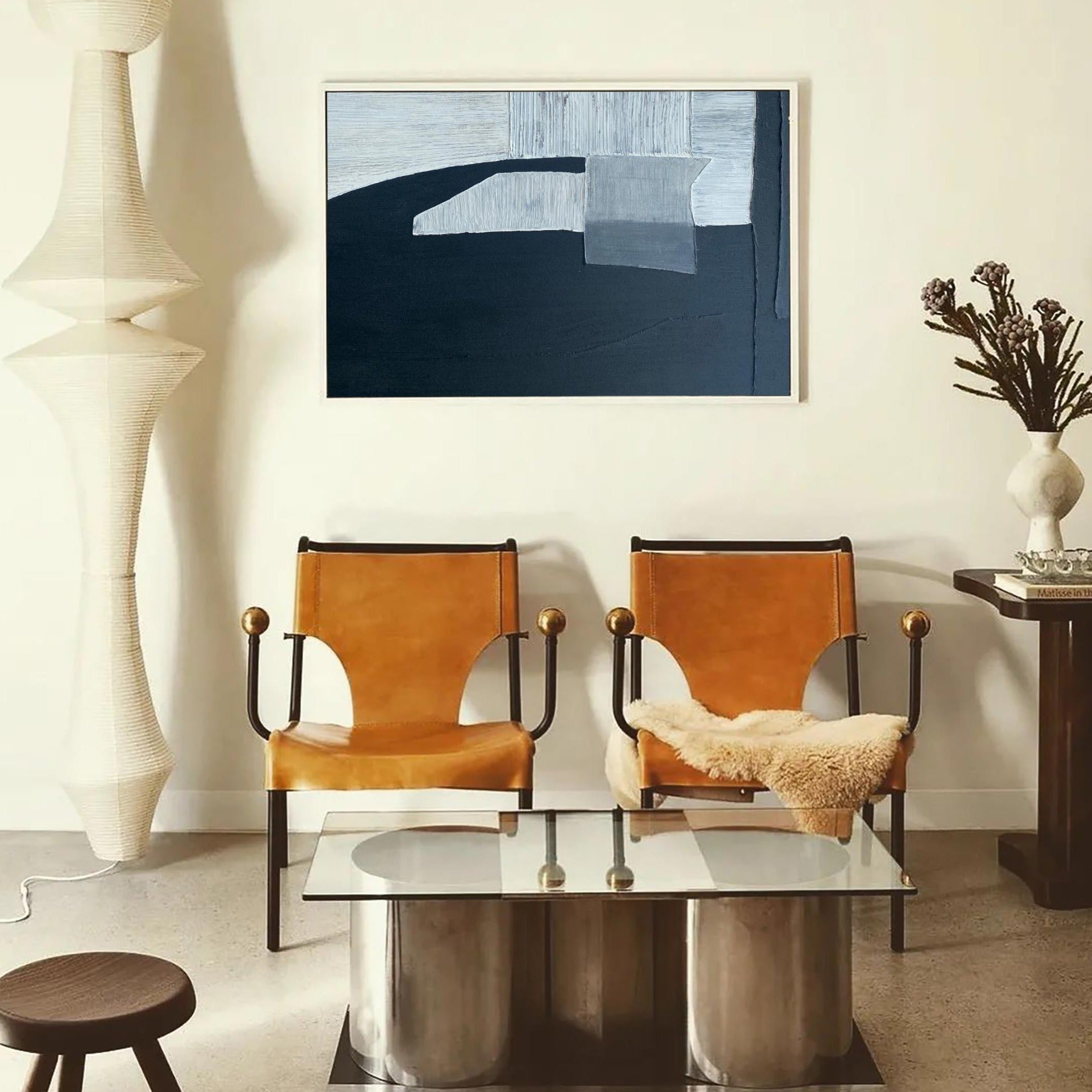 Minimalist Blue White Black Geometric Abstract Painting