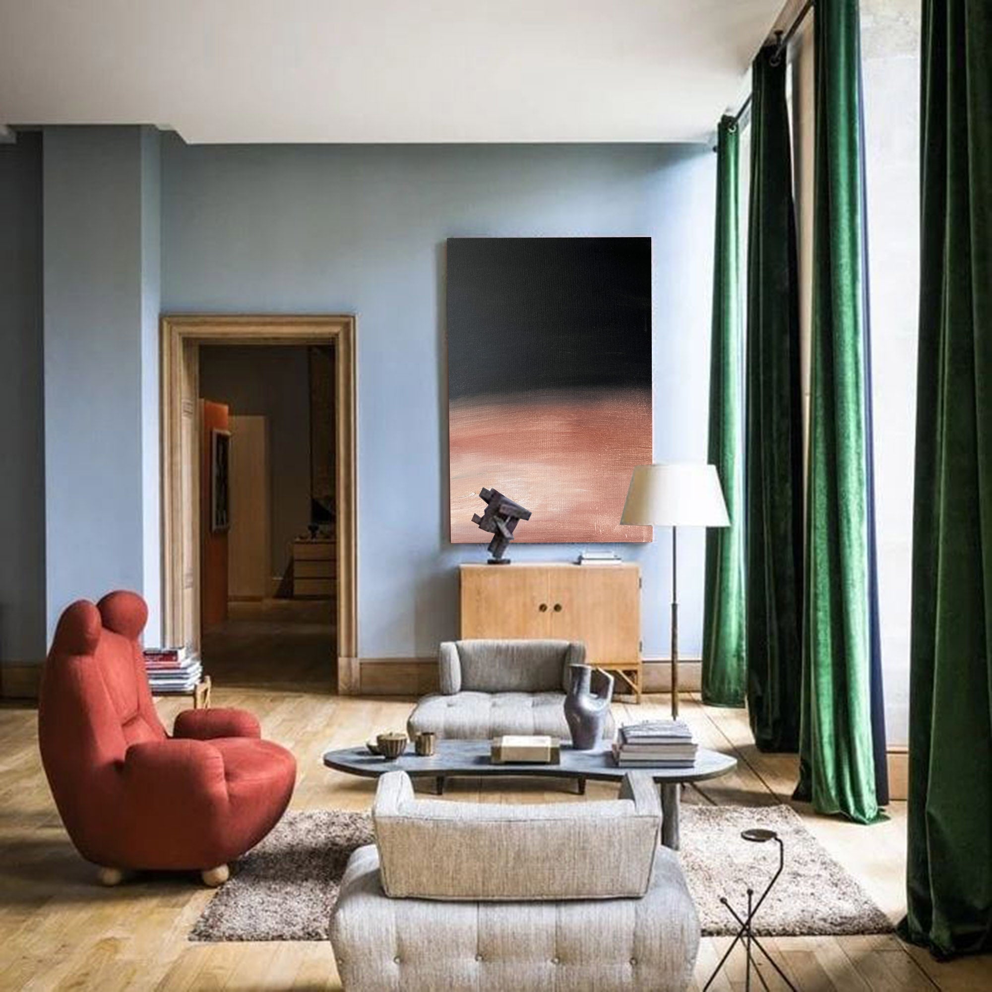 Modern Black Rose Gold Abstract Linen Art