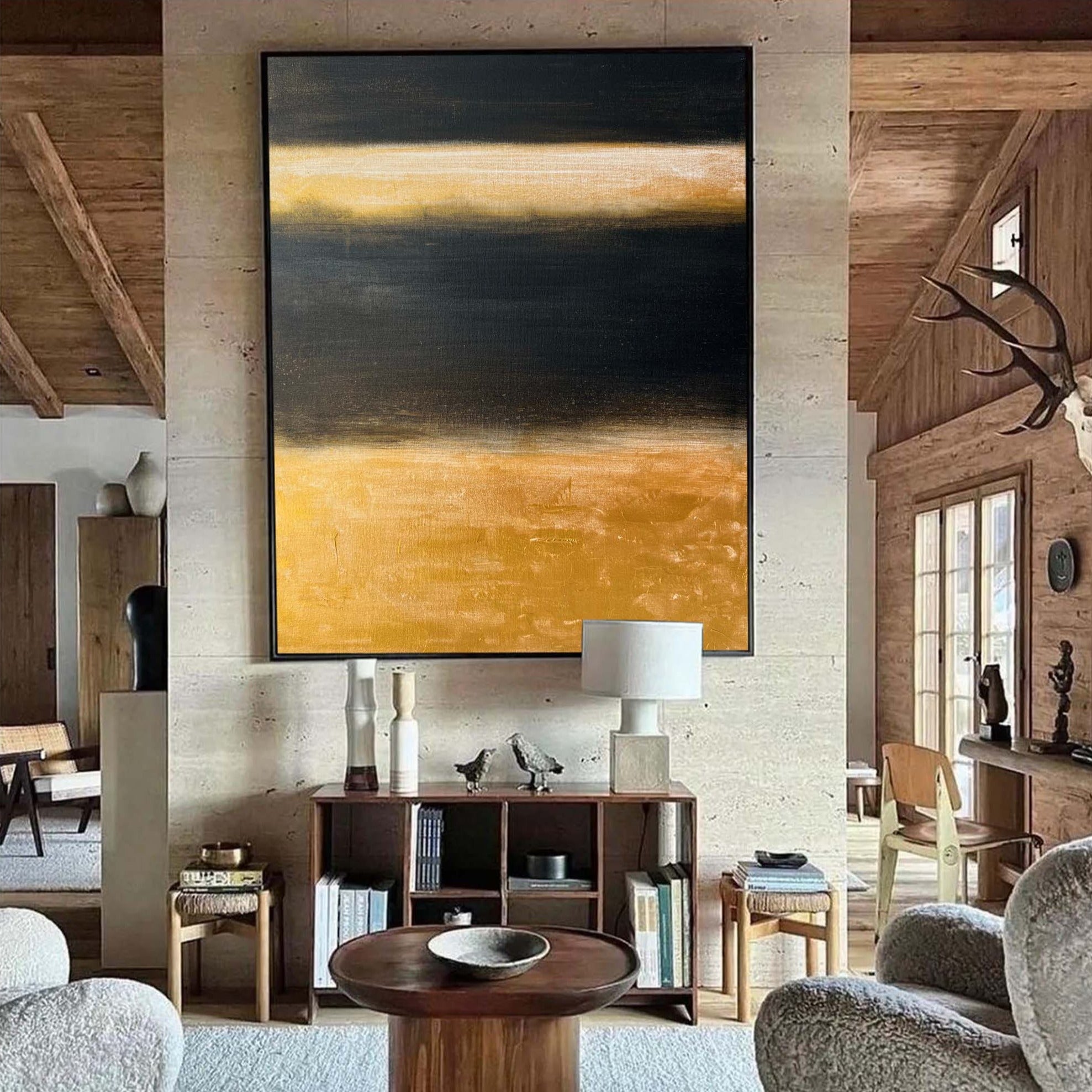 Luxury Gold Black Abstract Linen Painting