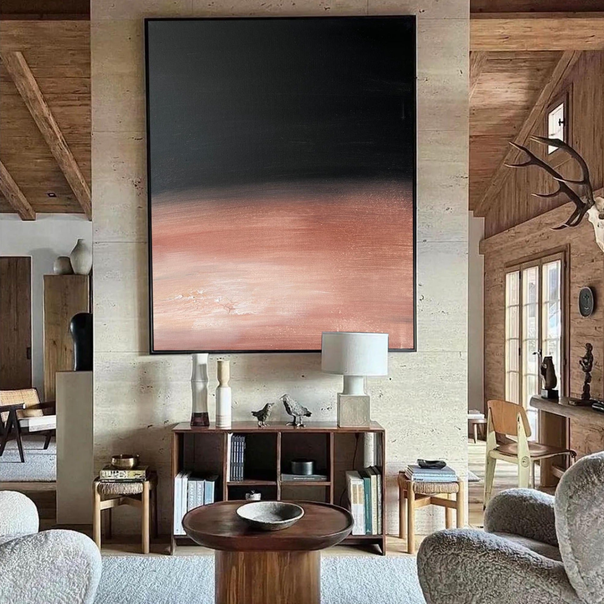 Modern Black Rose Gold Abstract Linen Art