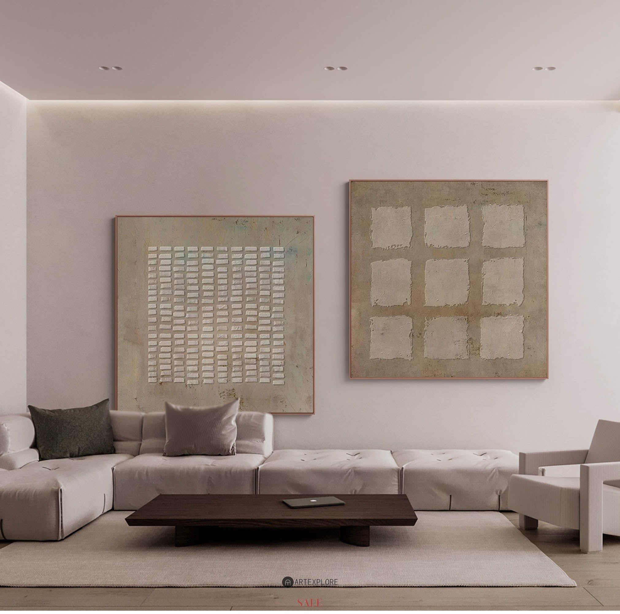 Earthy Beige‑Brown Grid‑Geometric Diptych Abstract  Embossed Textured Artwork