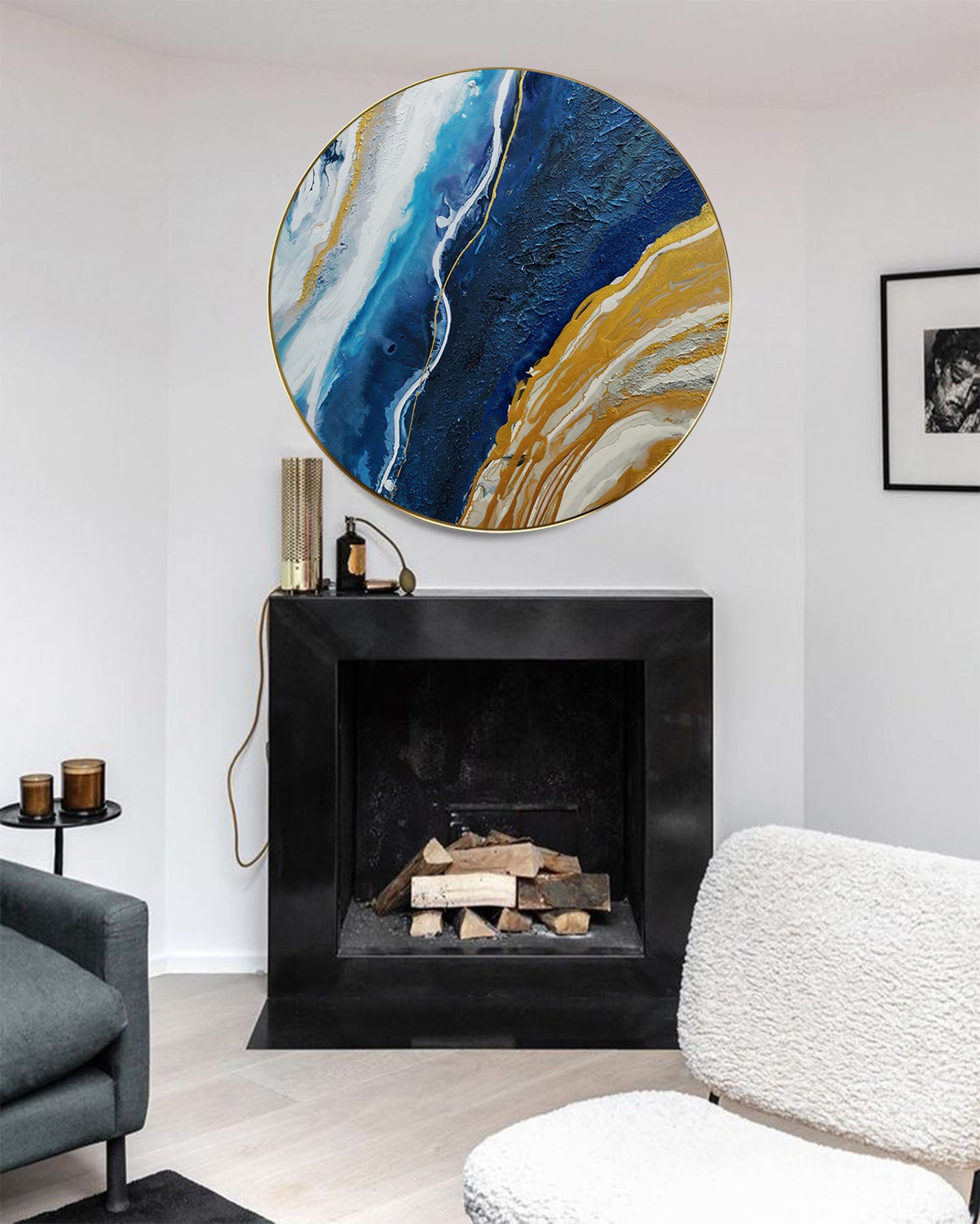 Wall Art Blue Gold Round Abstract Marble Modern Texture Living Room | Neutralighting