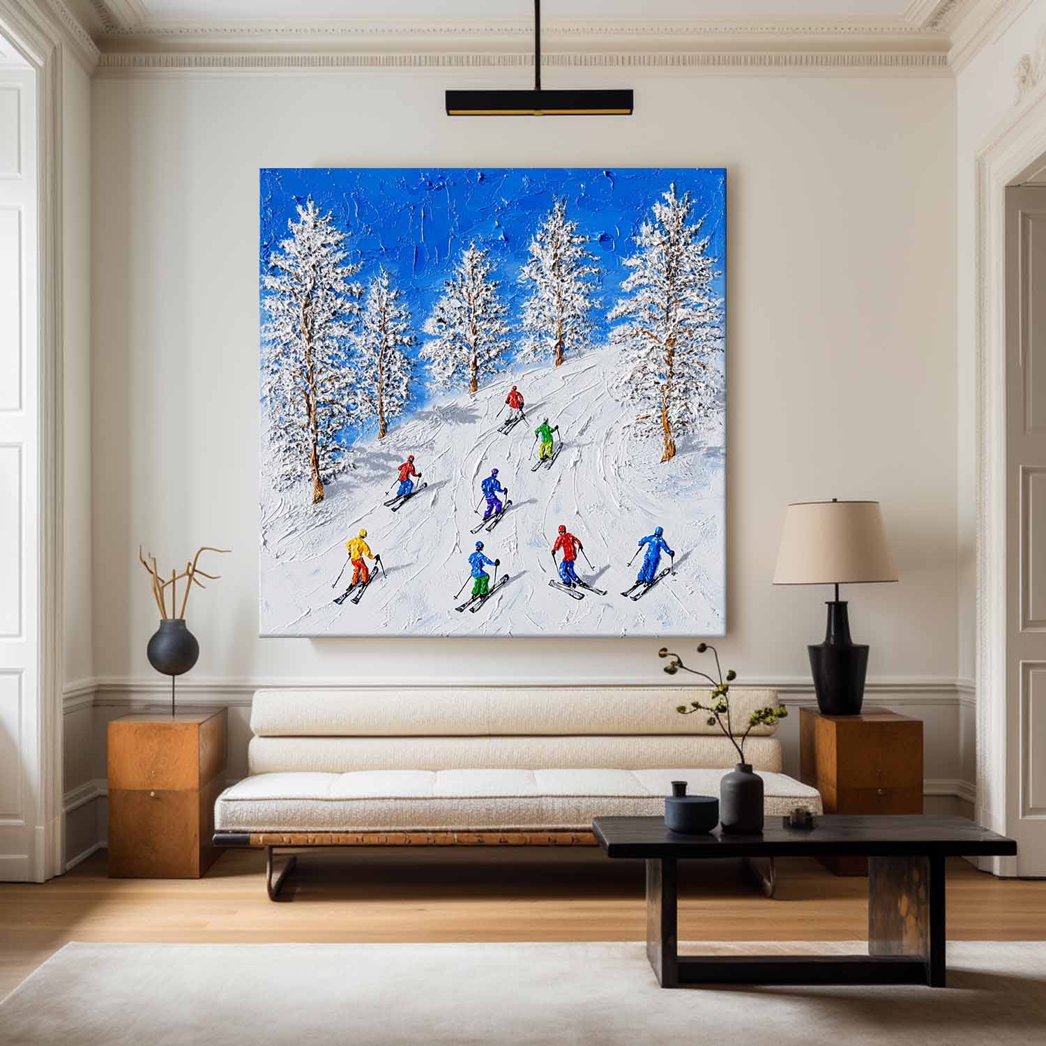 Colorful Skiing Mountain Scene Canvas Wall Art