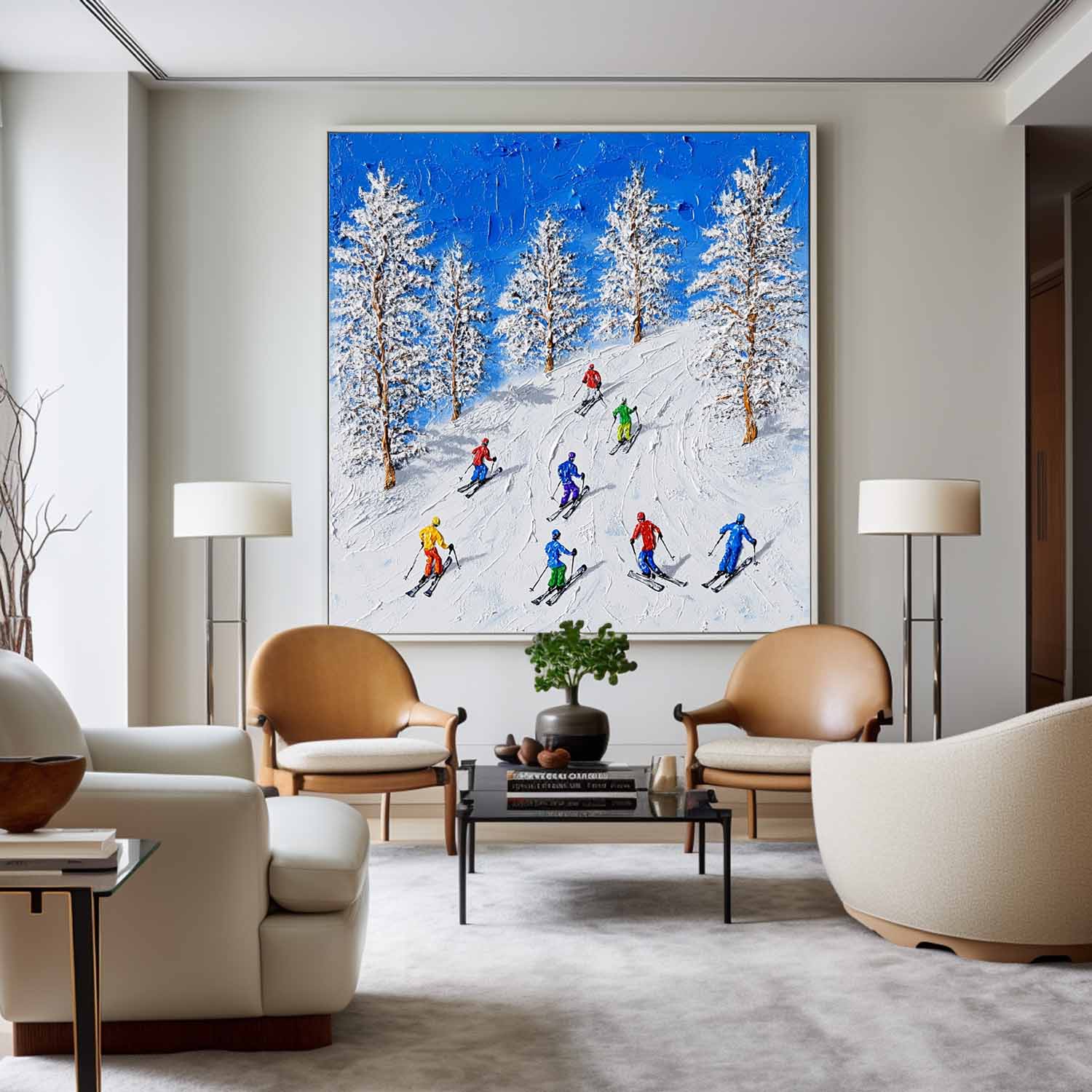 Colorful Skiing Mountain Scene Canvas Wall Art