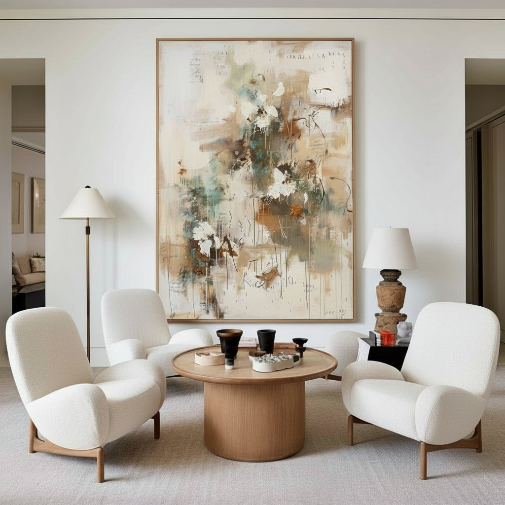 Wall Art Beige Floral Abstract Textured Canvas Living Room | Neutralighting