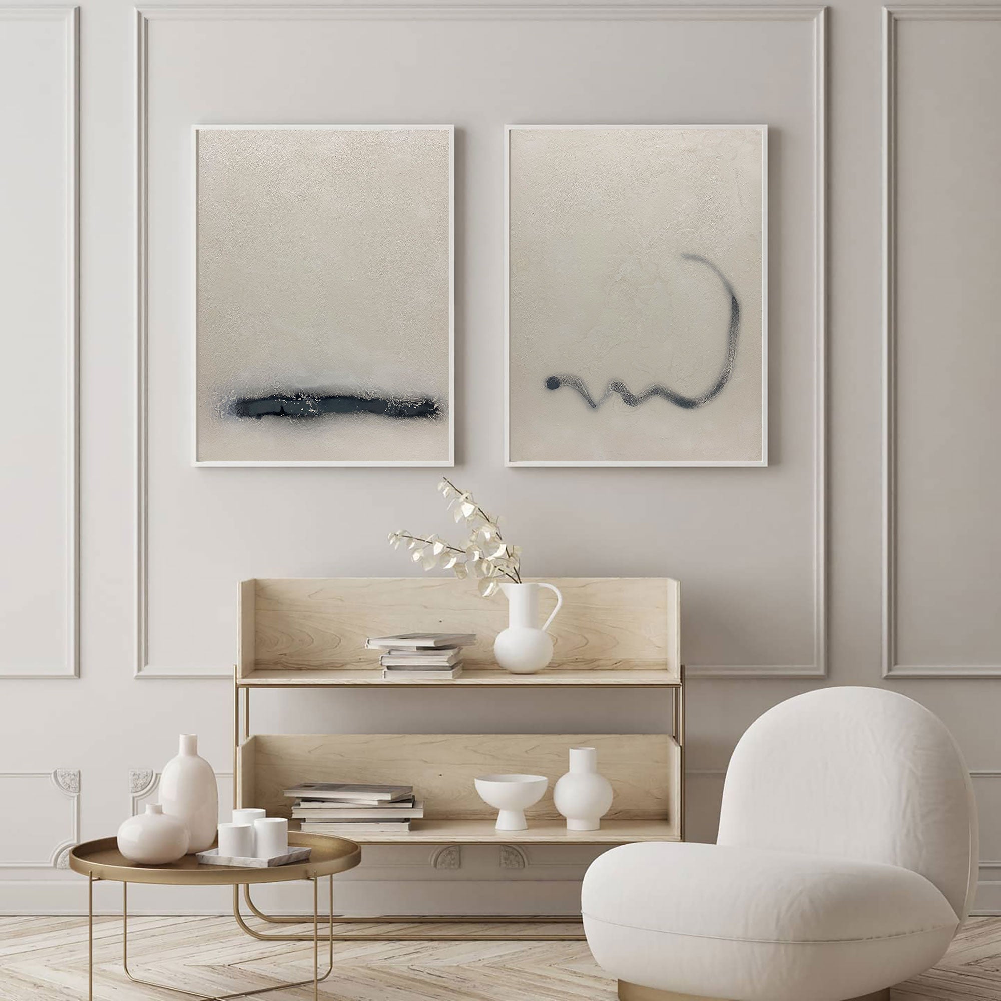 Duo‑Panel Subtle Line Abstract Hand‑Painted Muted Tone Textured Artwork