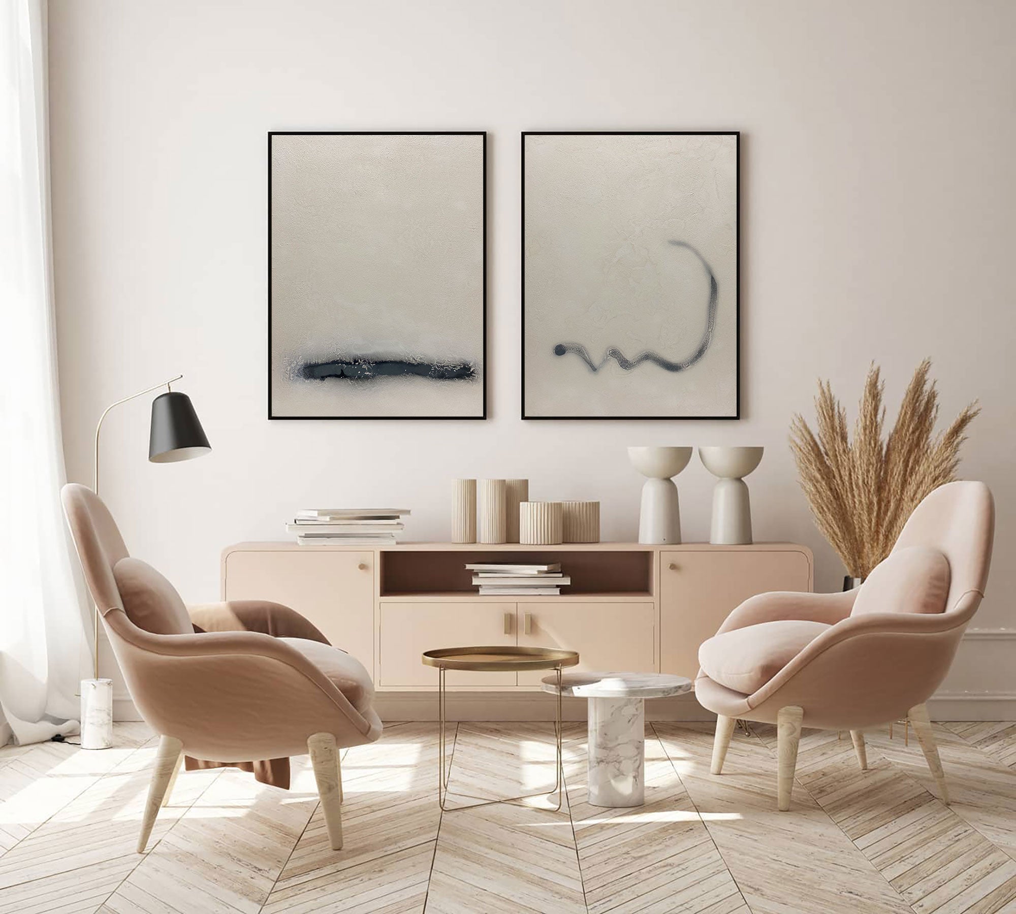 Duo‑Panel Subtle Line Abstract Hand‑Painted Muted Tone Textured Artwork