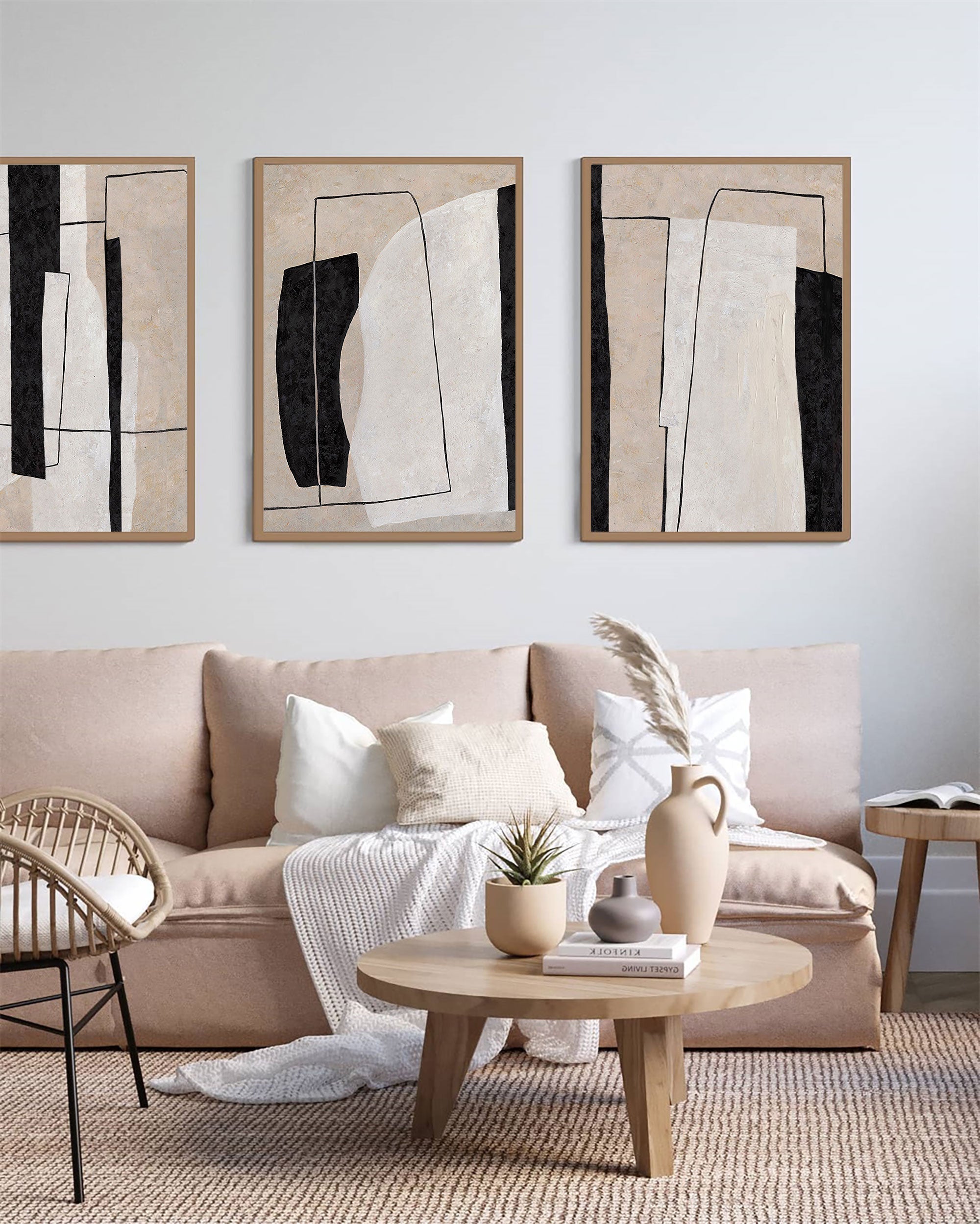 Beige Black Geometric Abstract Triptych Art