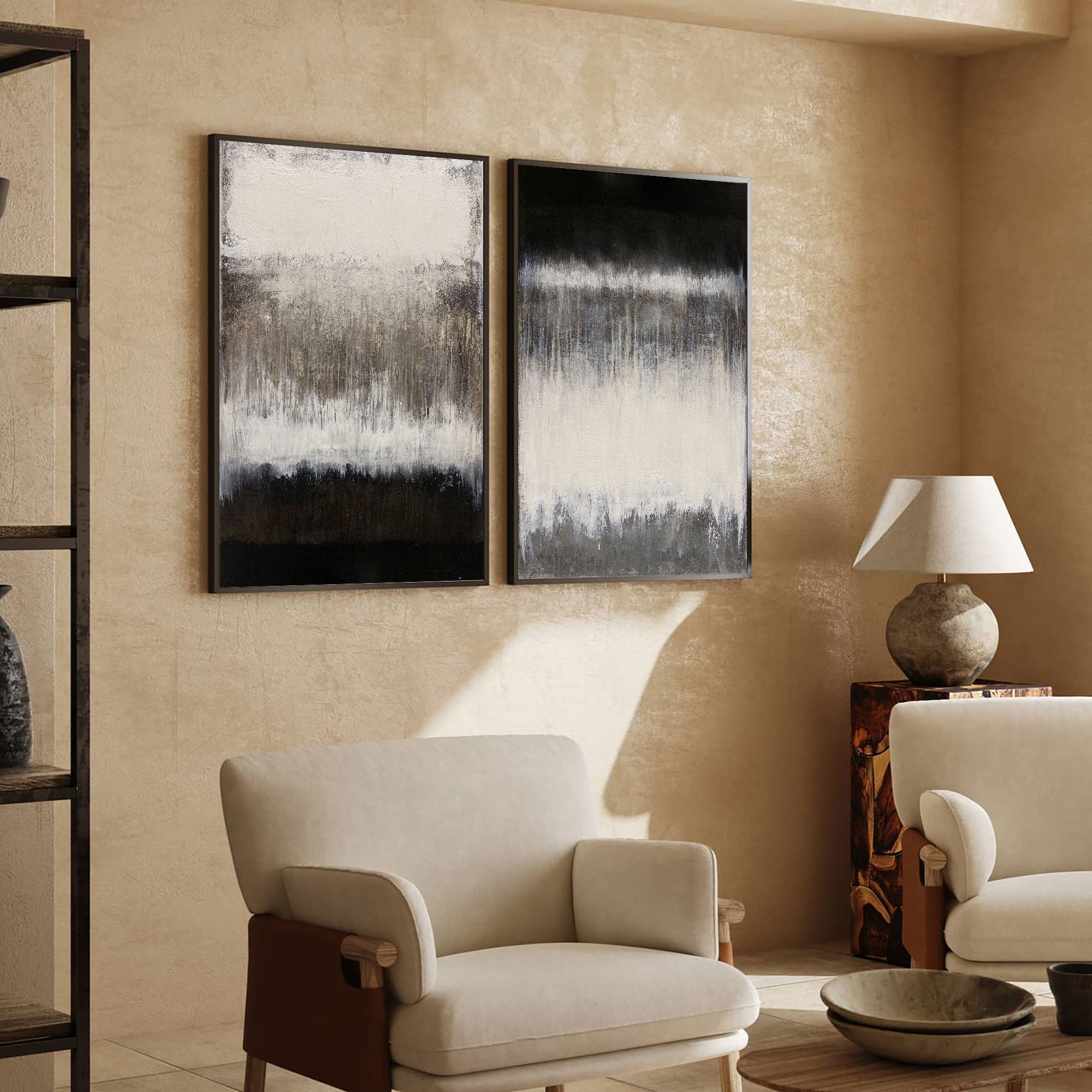 Black‑White‑Taupe Vertical 2‑Panel Gradient‑Textured Artwork