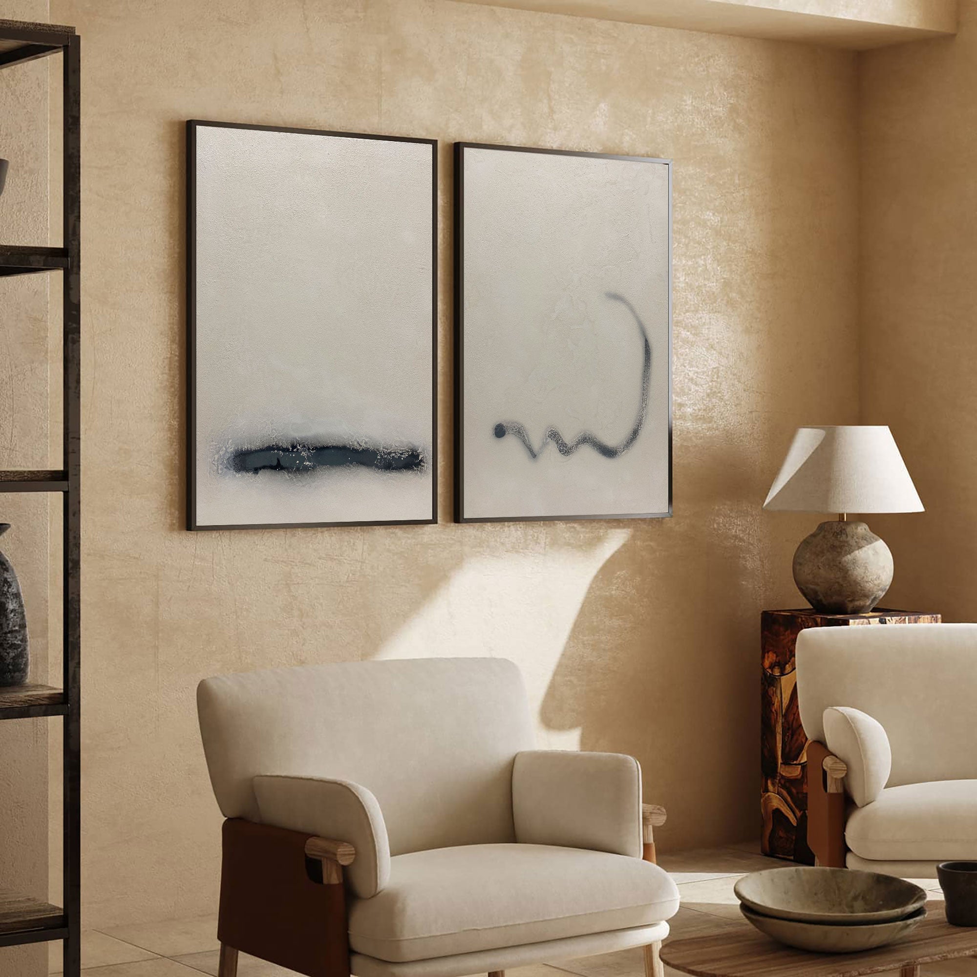 Duo‑Panel Subtle Line Abstract Hand‑Painted Muted Tone Textured Artwork