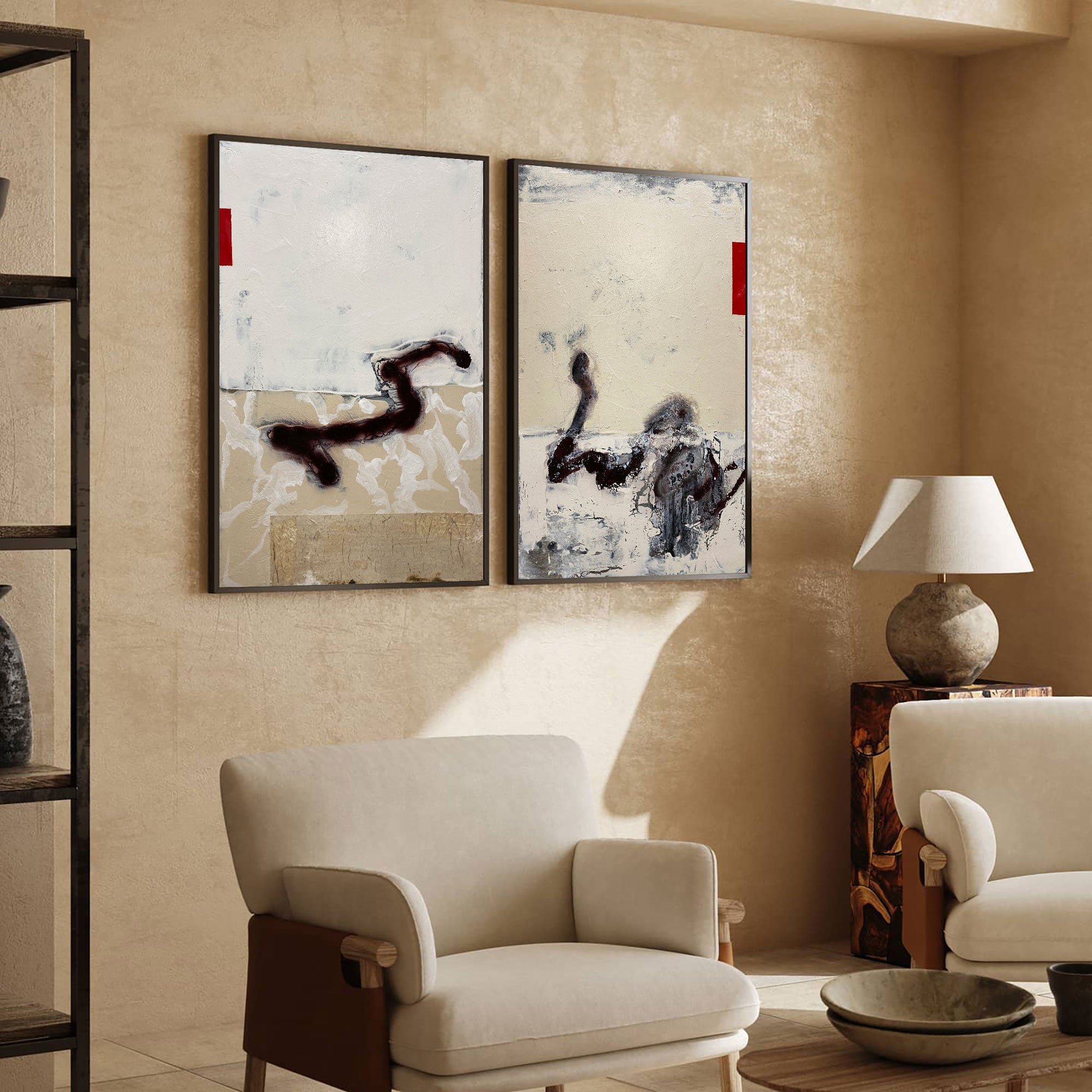 Minimalist Abstract Beige Black Red Diptych