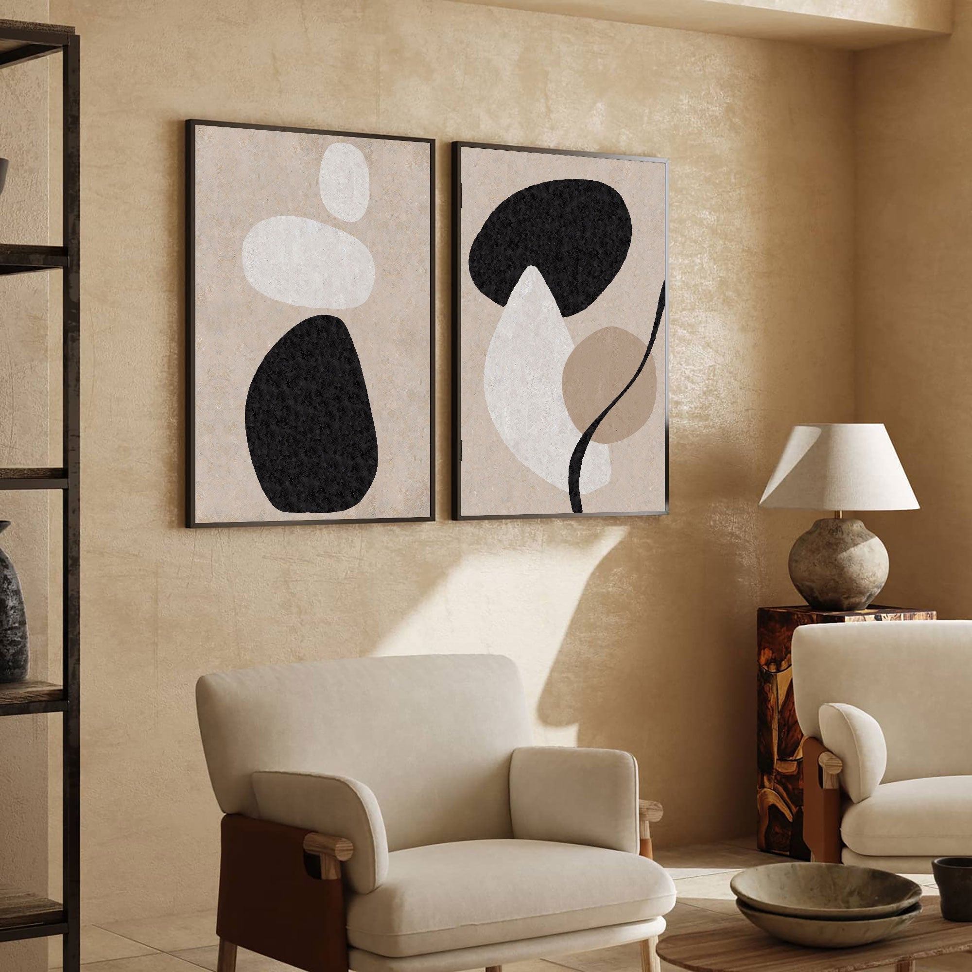 Beige Black Organic Shape Abstract Diptych