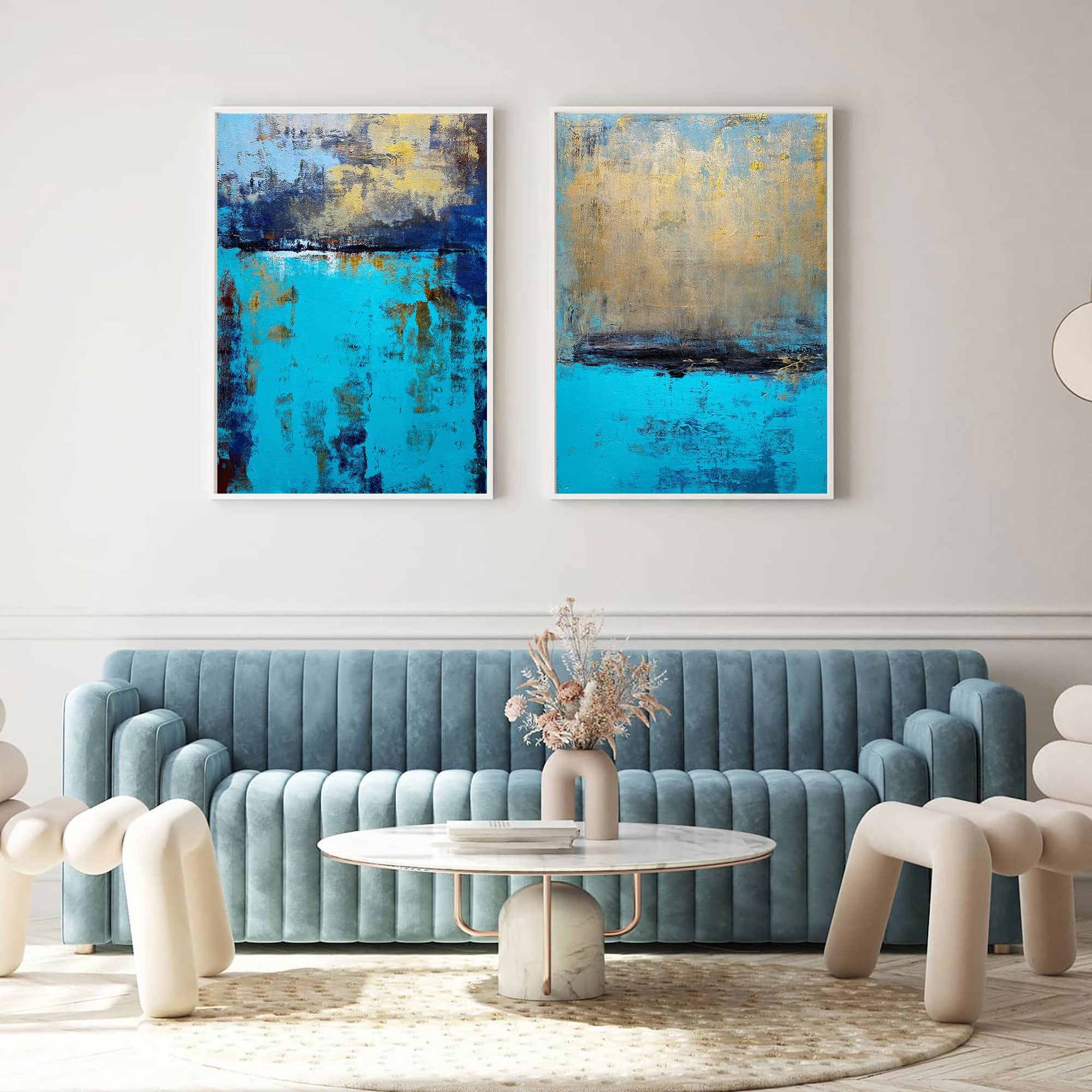 Turquoise‑Gold‑Navy Vertical 2‑Panel Impasto‑Textured Artwork