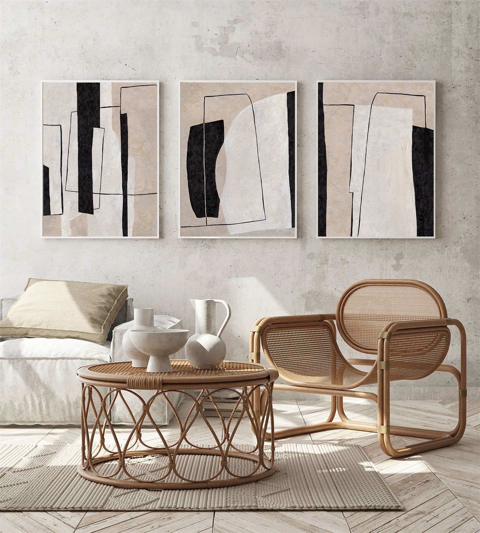 Beige Black Geometric Abstract Triptych Art