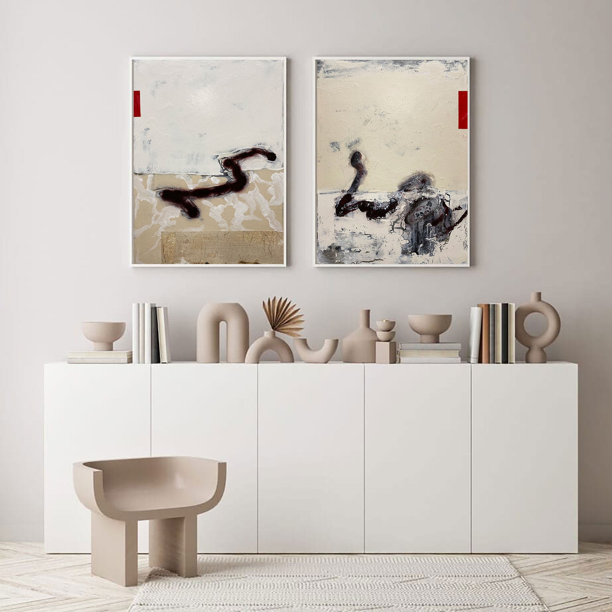 Minimalist Abstract Beige Black Red Diptych