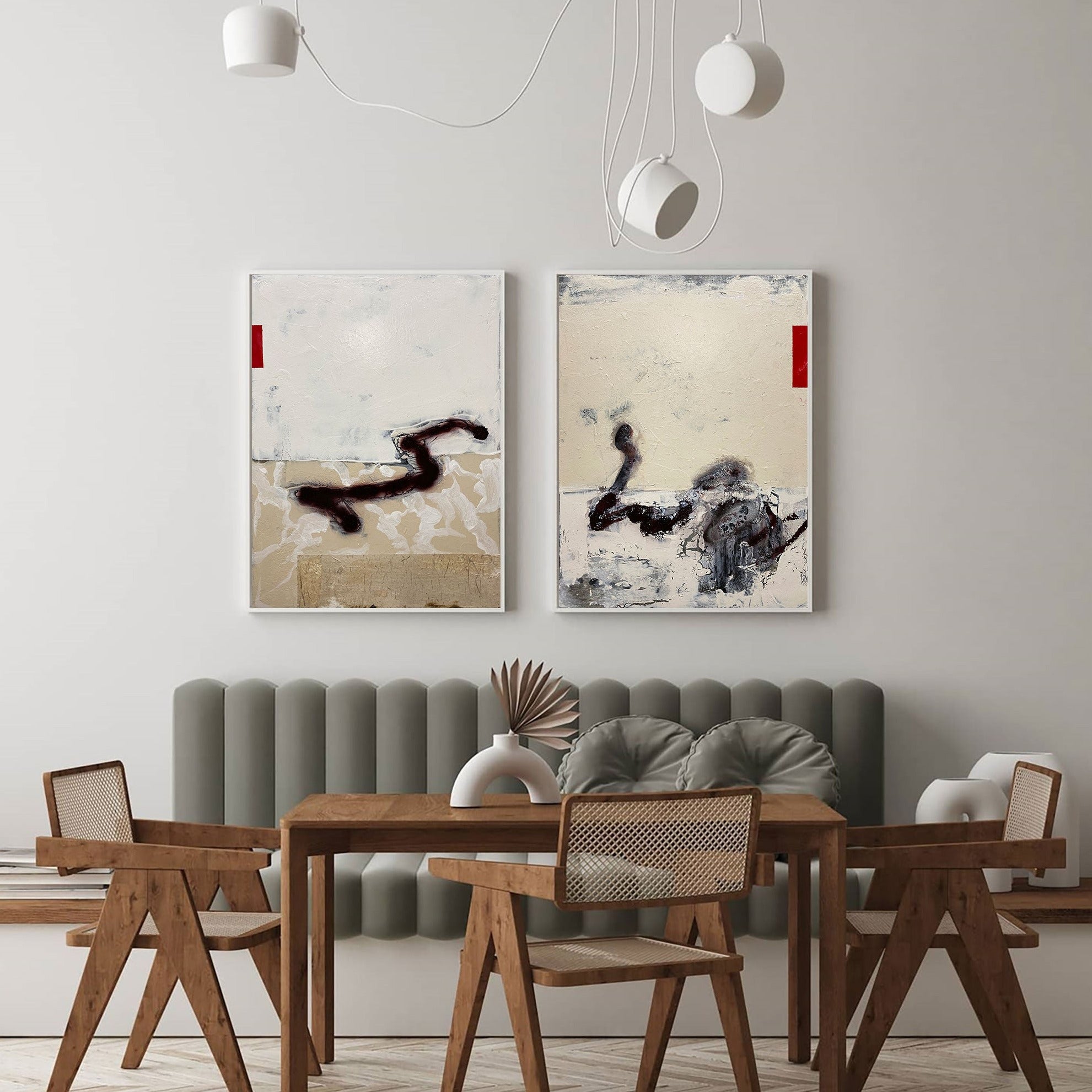 Minimalist Abstract Beige Black Red Diptych
