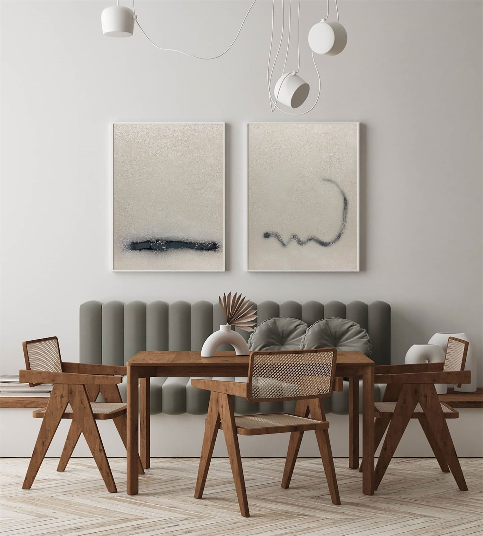 Duo‑Panel Subtle Line Abstract Hand‑Painted Muted Tone Textured Artwork