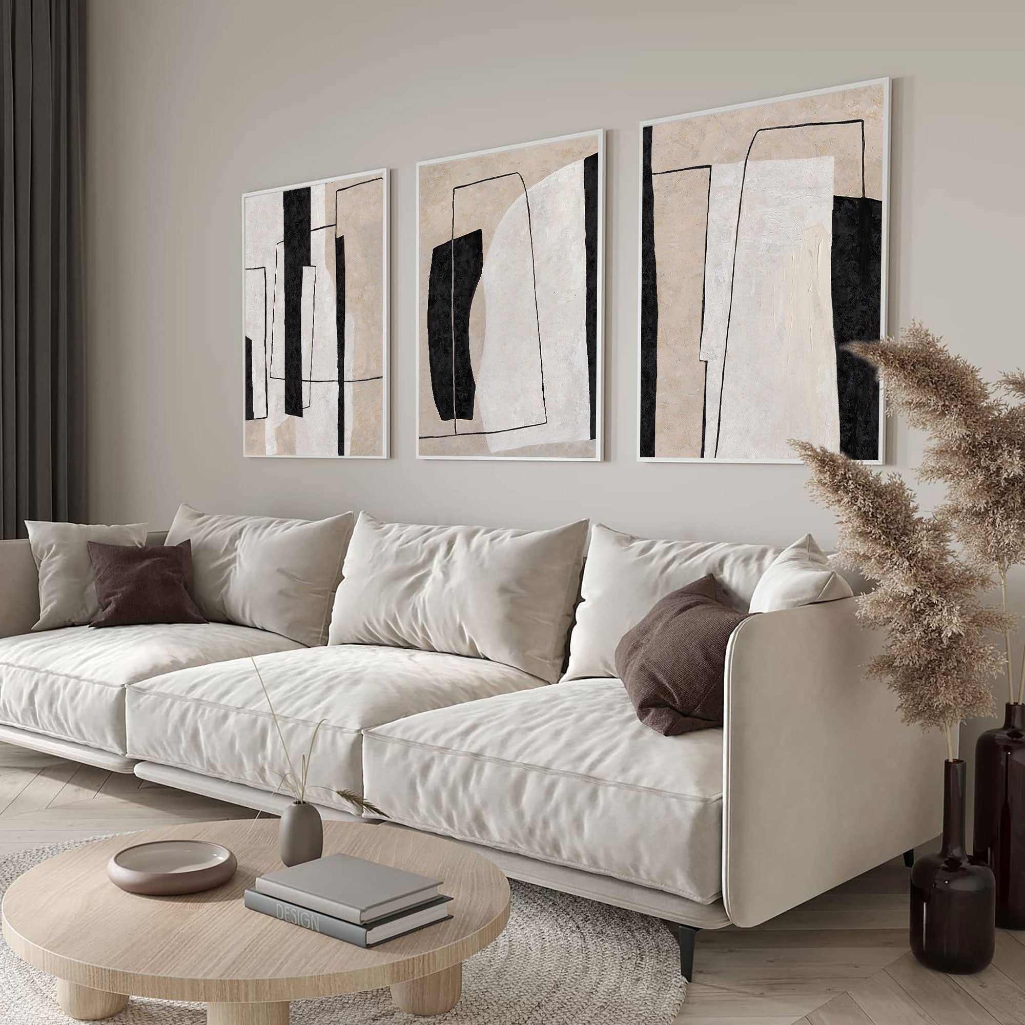 Beige Black Geometric Abstract Triptych Art