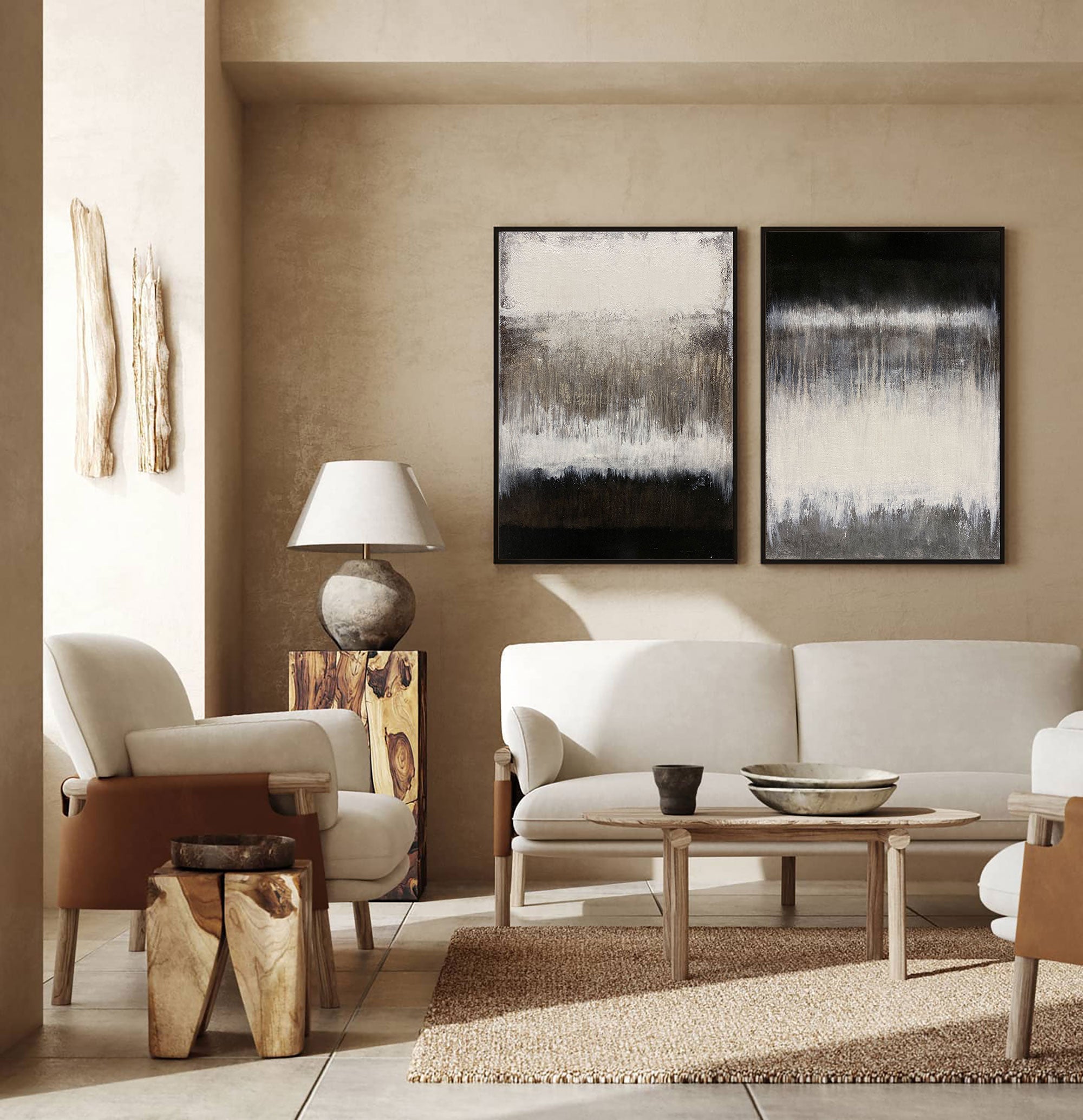 Black‑White‑Taupe Vertical 2‑Panel Gradient‑Textured Artwork