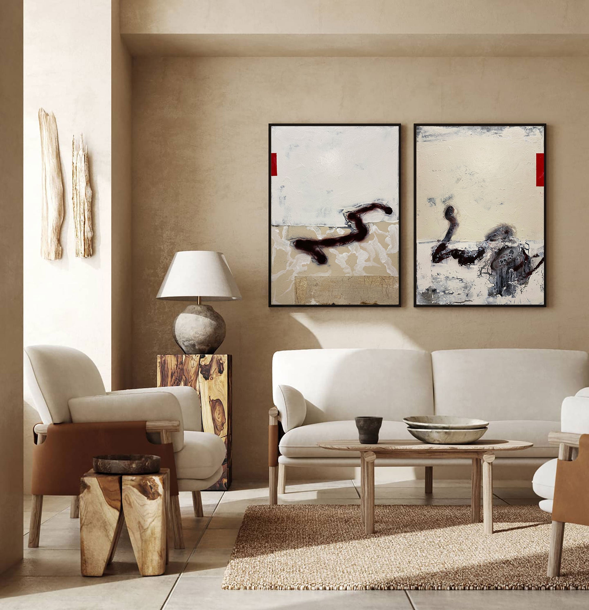 Minimalist Abstract Beige Black Red Diptych