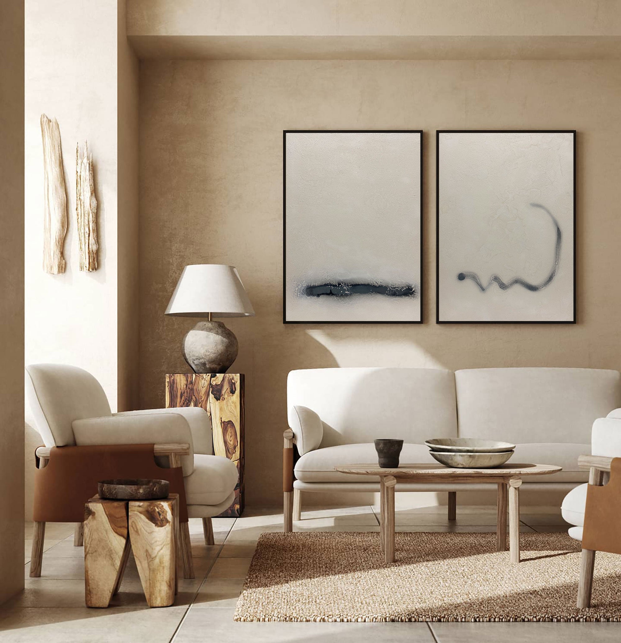Duo‑Panel Subtle Line Abstract Hand‑Painted Muted Tone Textured Artwork
