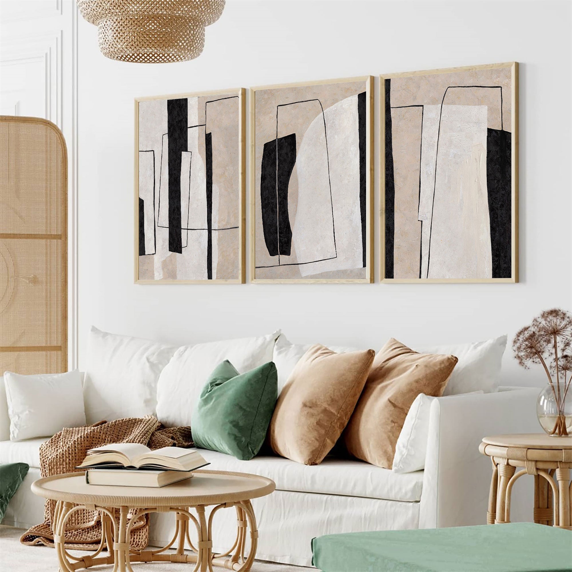 Beige Black Geometric Abstract Triptych Art