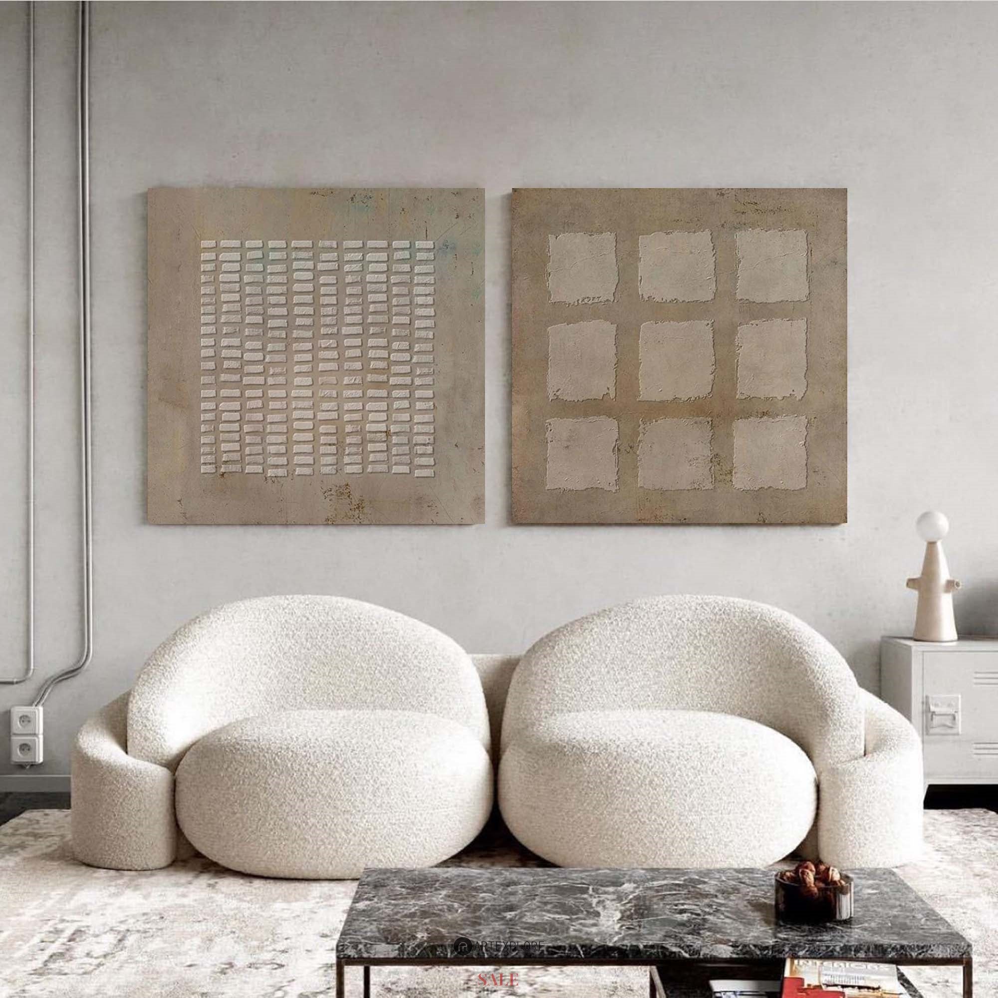 Earthy Beige‑Brown Grid‑Geometric Diptych Abstract  Embossed Textured Artwork
