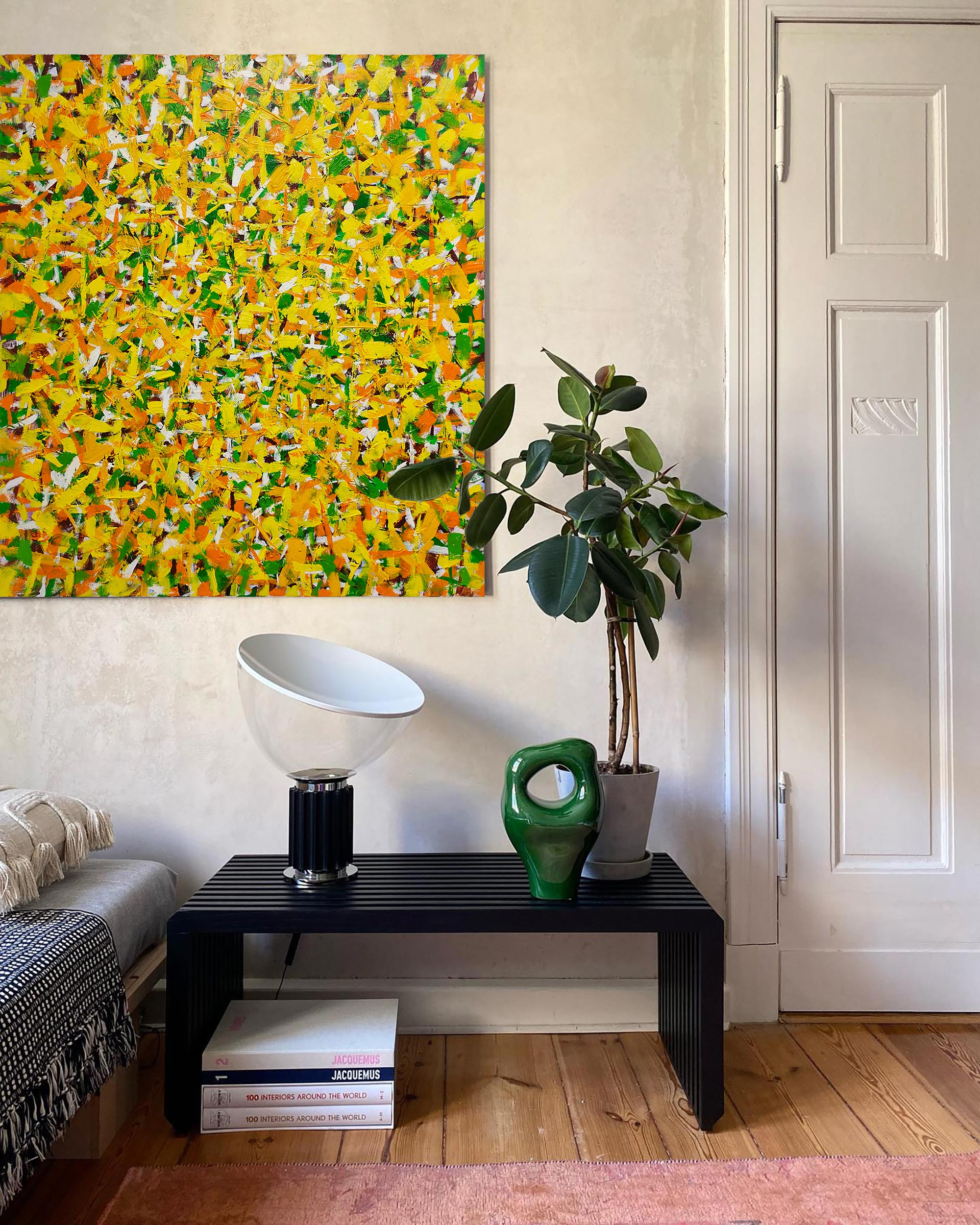 Vibrant Yellow Green Textured Square Acrylic Painting