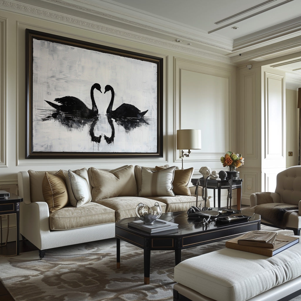 Monochrome Twin Swans  Reflection‑Theme Minimalist Abstract Brush‑Textured Artwork