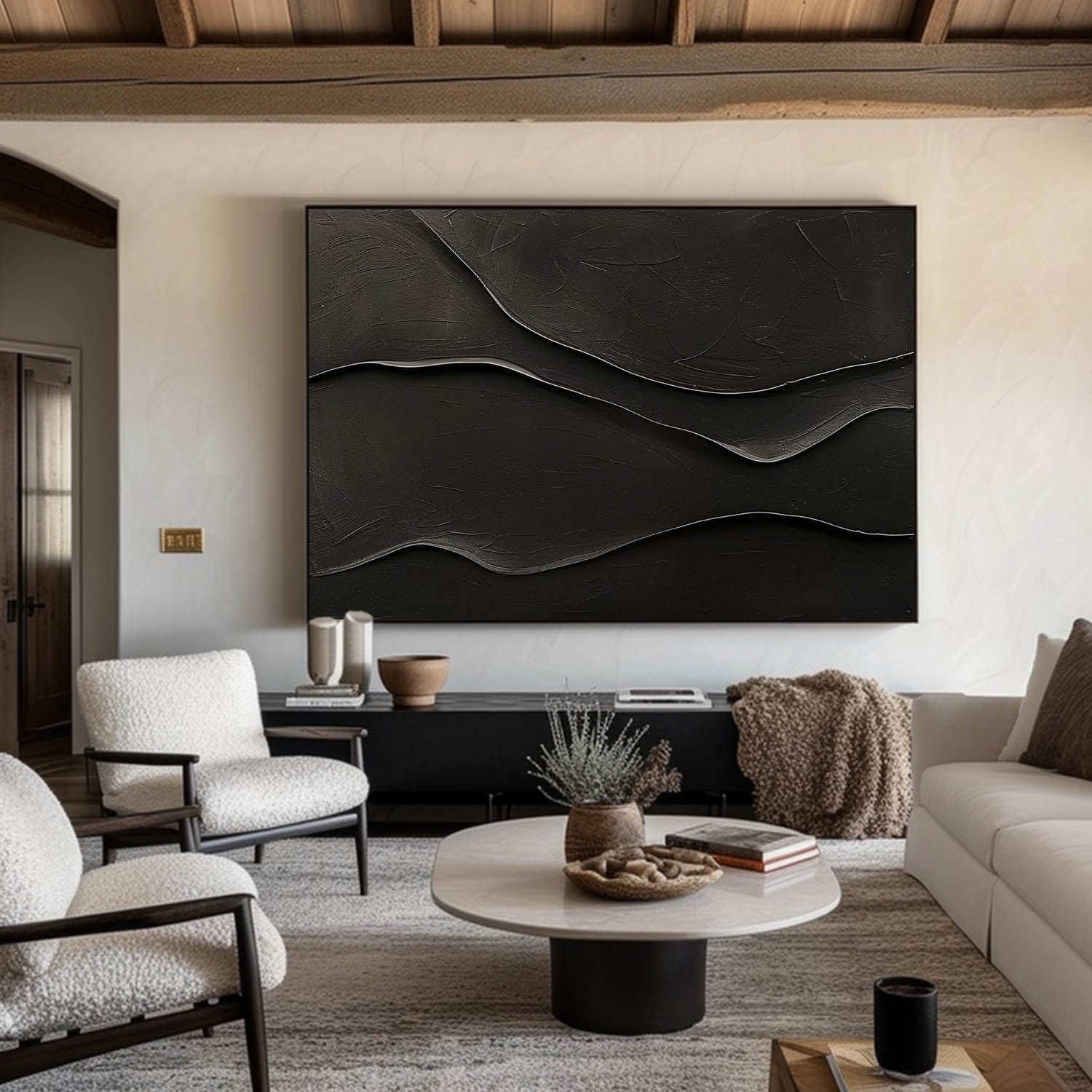 Black Layered Wave Textured Painting