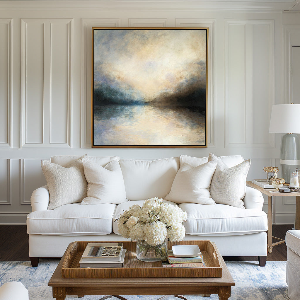 Gold‑Teal‑Grey Square Mist‑Landscape Blended‑Tone Artwor
