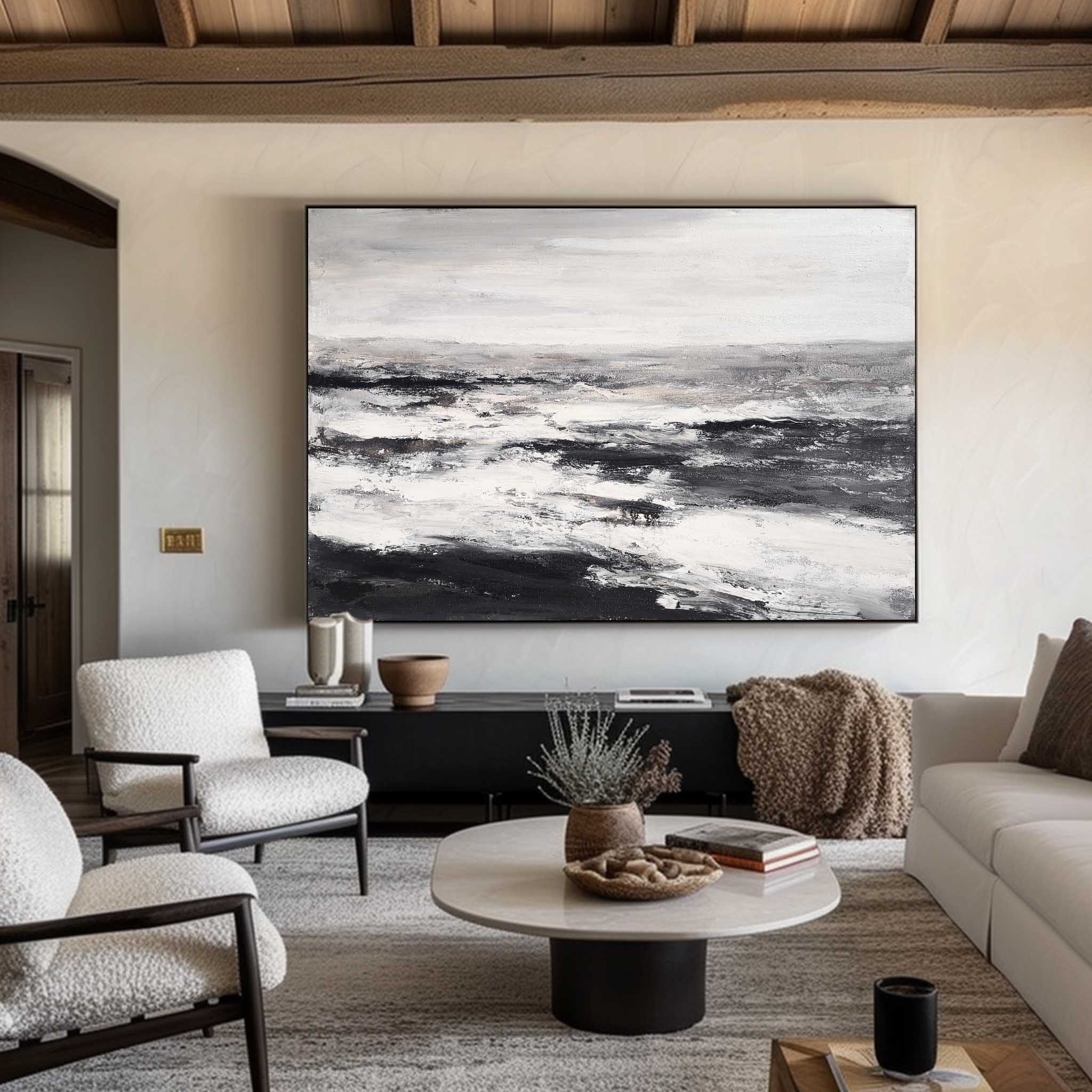 Monochrome Ocean Abstract  Thick Impasto Wave Textured Artwork
