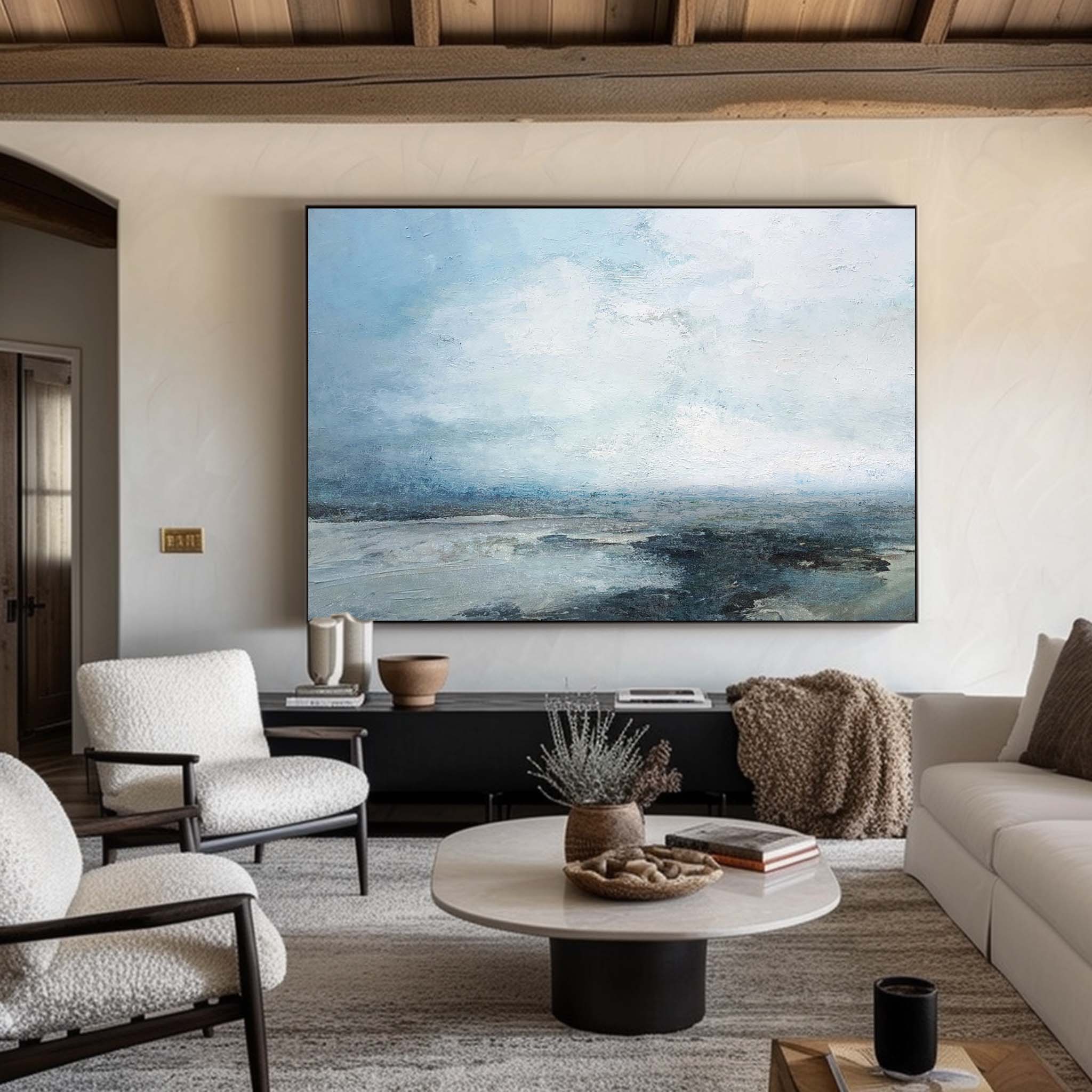 Serene Mist‑Shrouded Seascape Cool‑Tone Soft‑Layer Textured Artwork