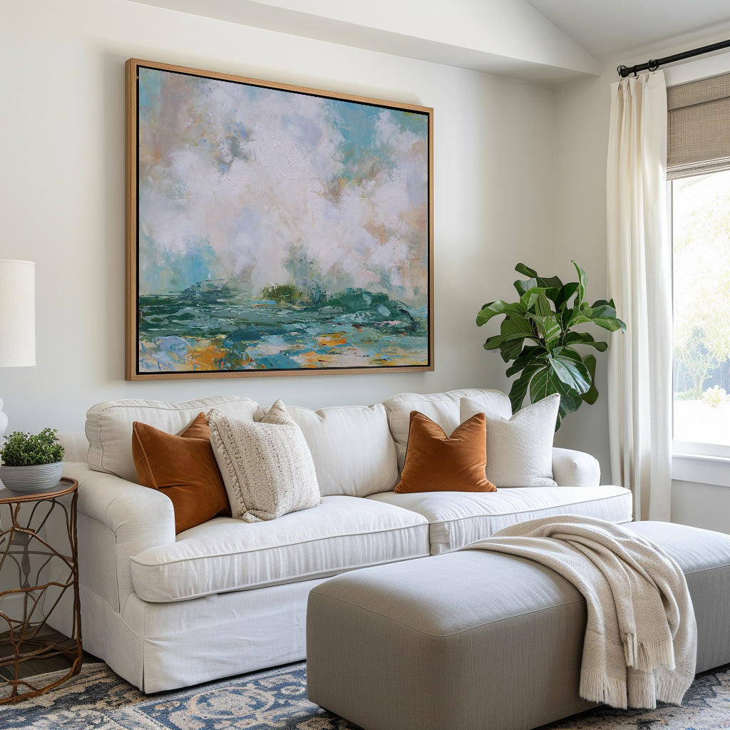 Teal‑White Horizontal Ocean‑Coast Impasto Textured Artwork