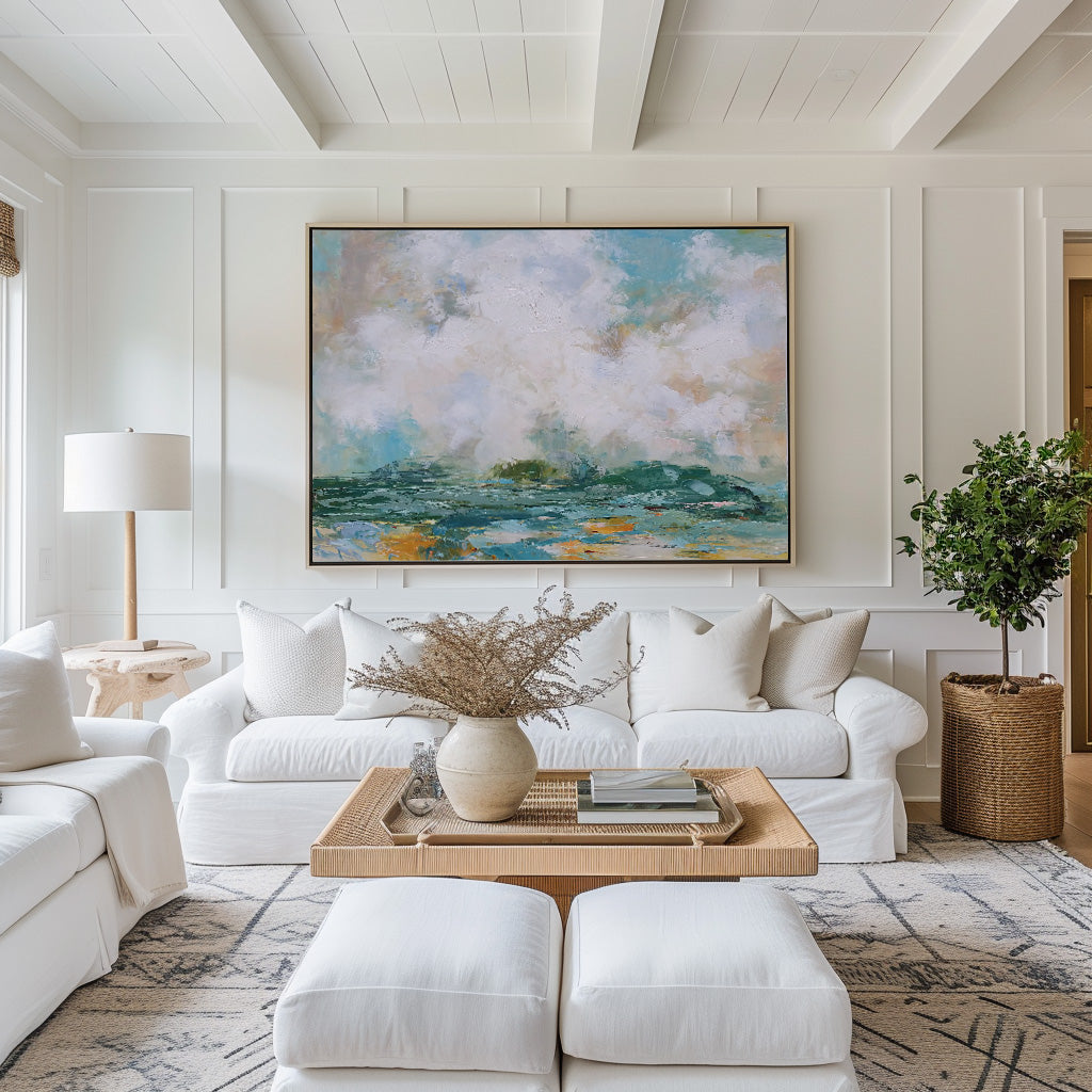 Teal‑White Horizontal Ocean‑Coast Impasto Textured Artwork
