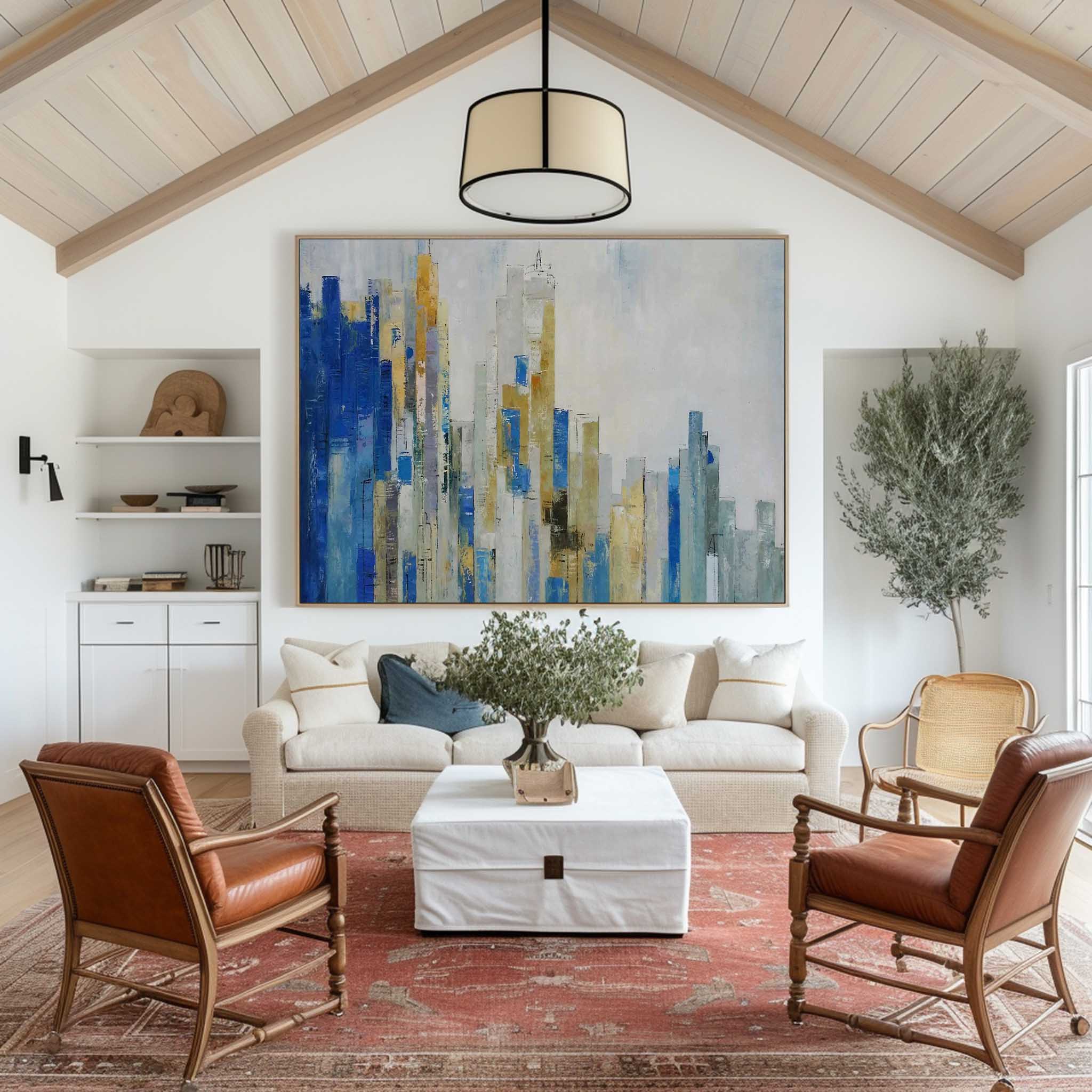 Abstract Urban Skyline  Blue & Gold Architectural Layered Textured Artwork