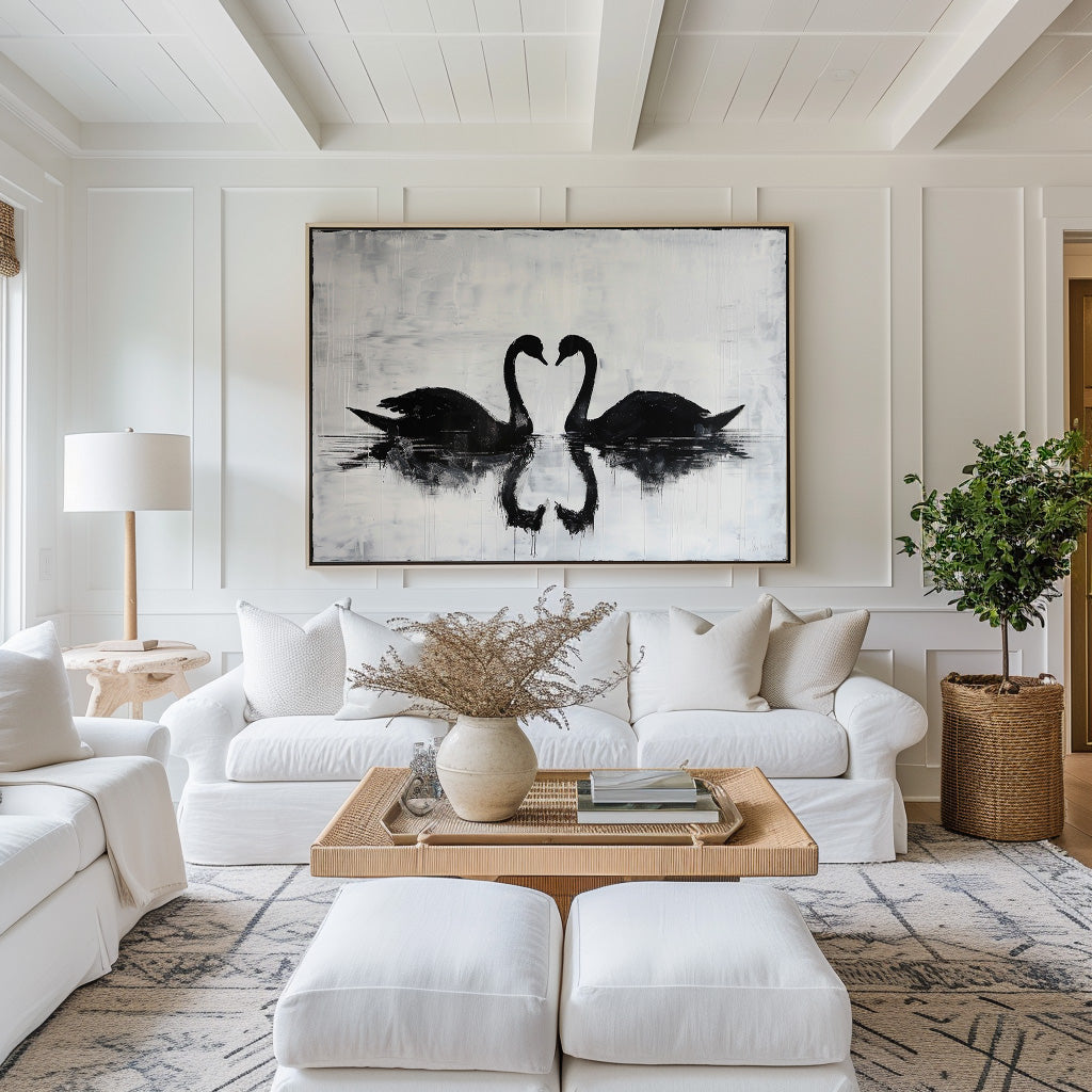 Monochrome Twin Swans  Reflection‑Theme Minimalist Abstract Brush‑Textured Artwork