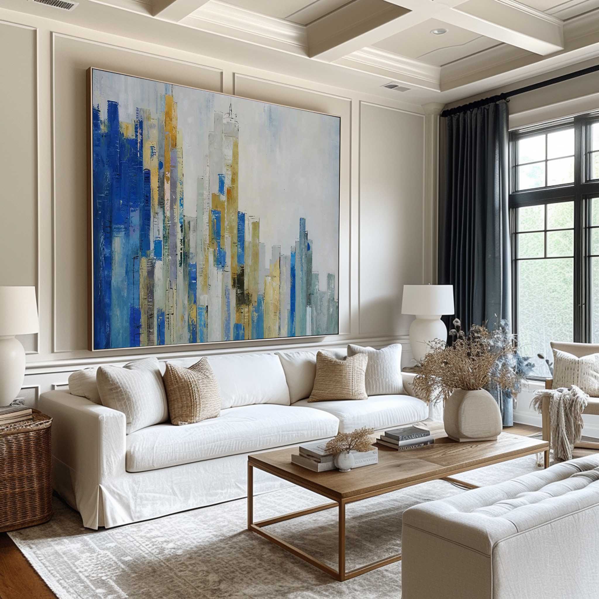 Abstract Urban Skyline  Blue & Gold Architectural Layered Textured Artwork