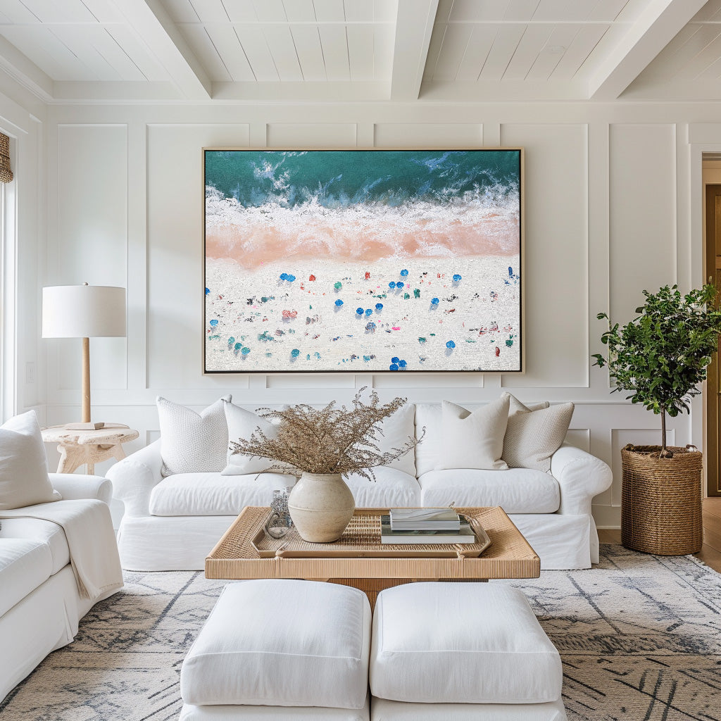 Teal‑Pink‑White Horizontal Beach‑Scene Impasto‑Textured Artwork