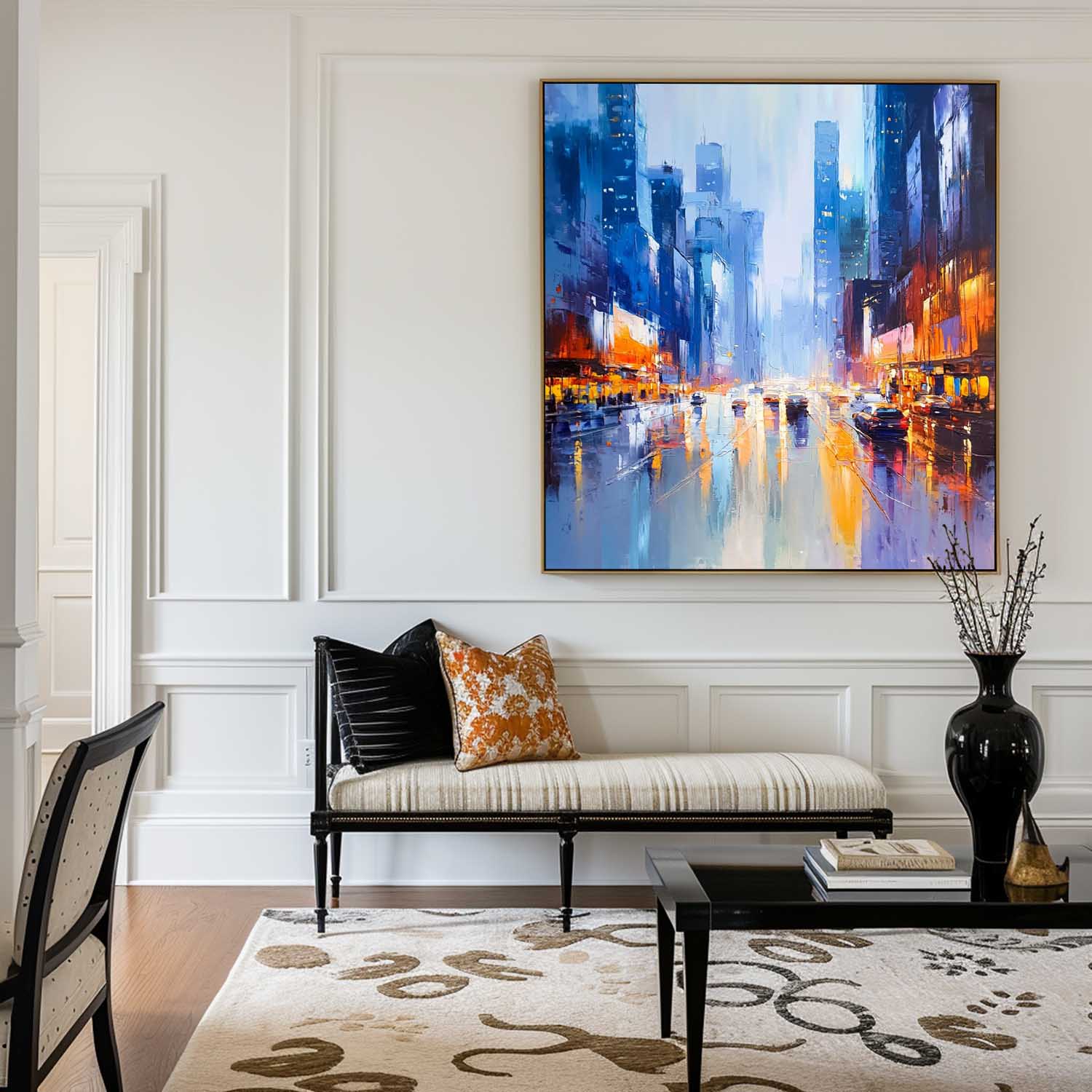 City Night Rain Reflection Oil Painting