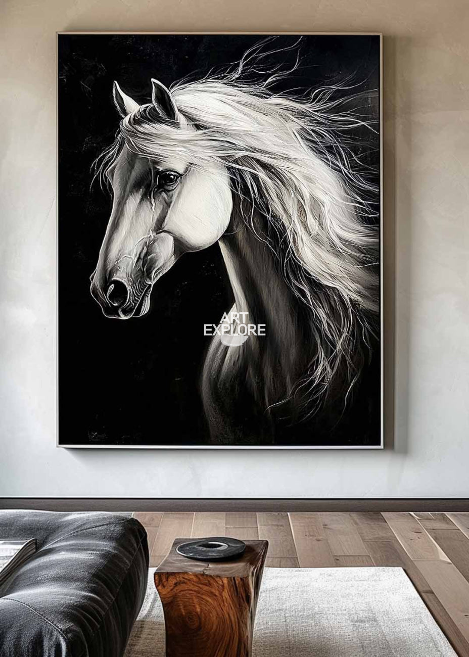 Black Background White Horse Canvas Art