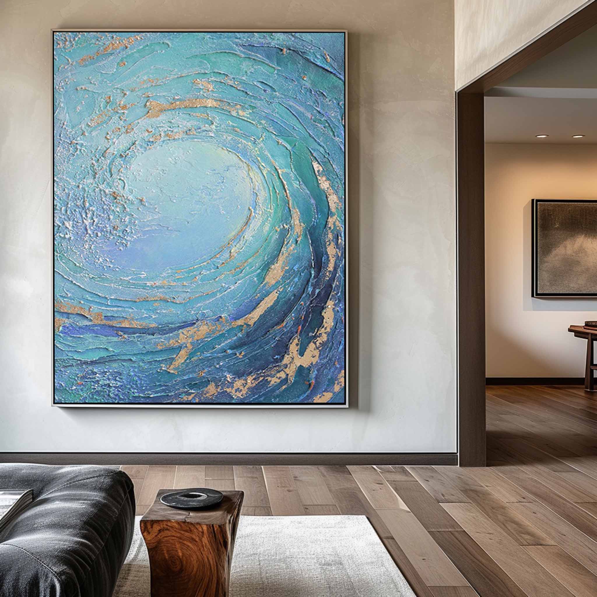Ocean Wave Blue Gold Abstract Canvas Wall Art
