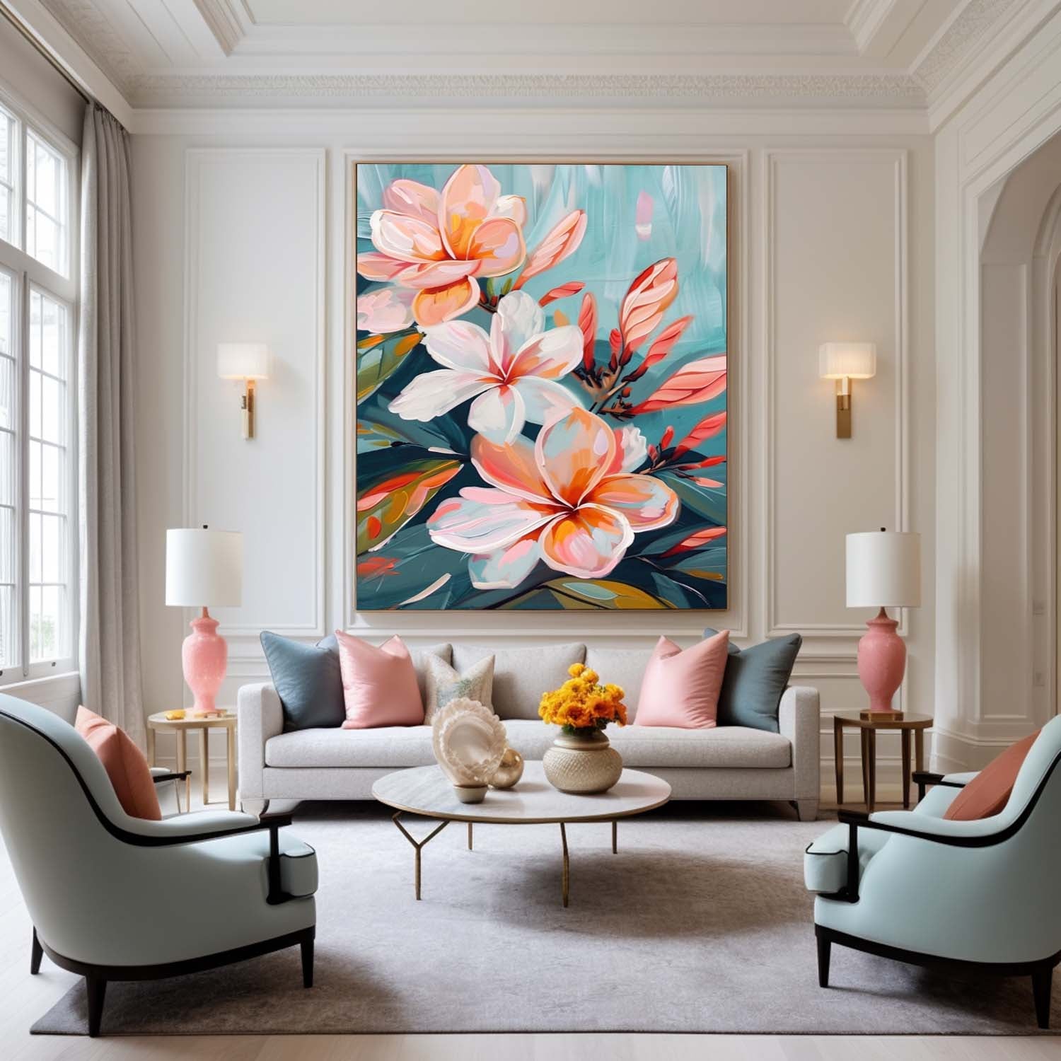 Tropical Plumeria Floral Oil Painting Soft Teal