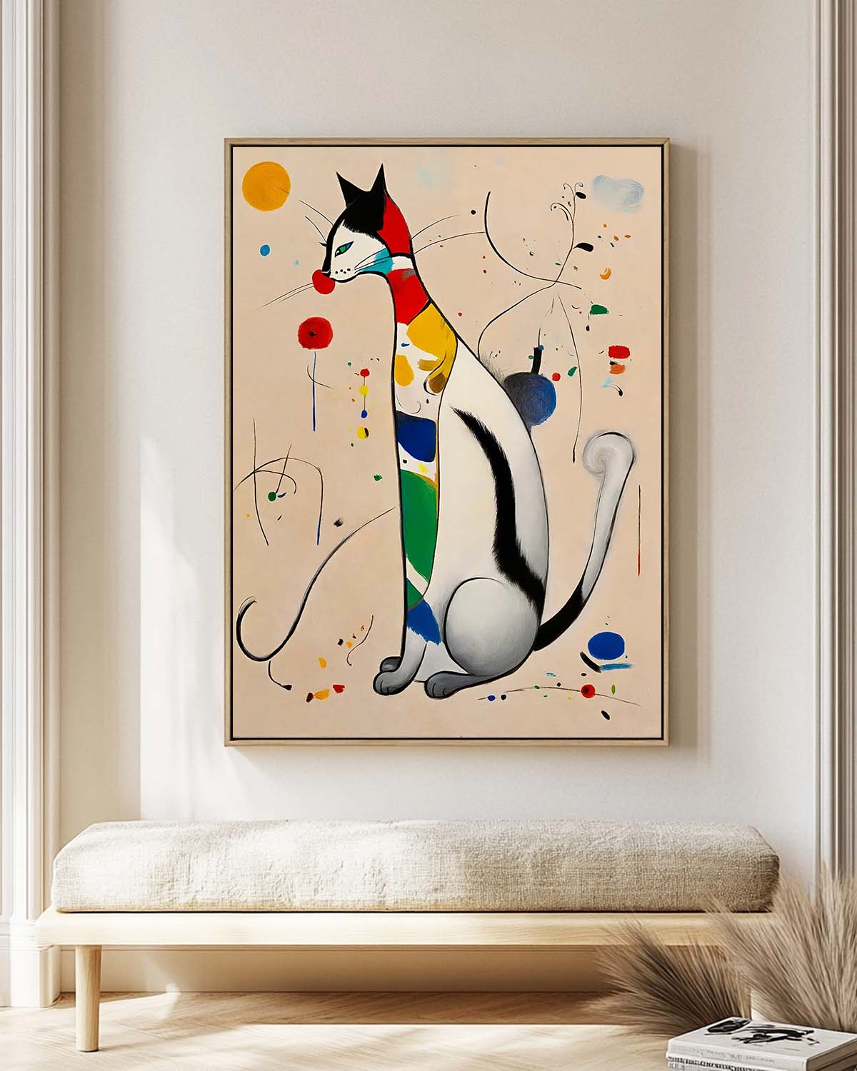 Surrealist Cat Painting Vibrant Rainbow Wall Art