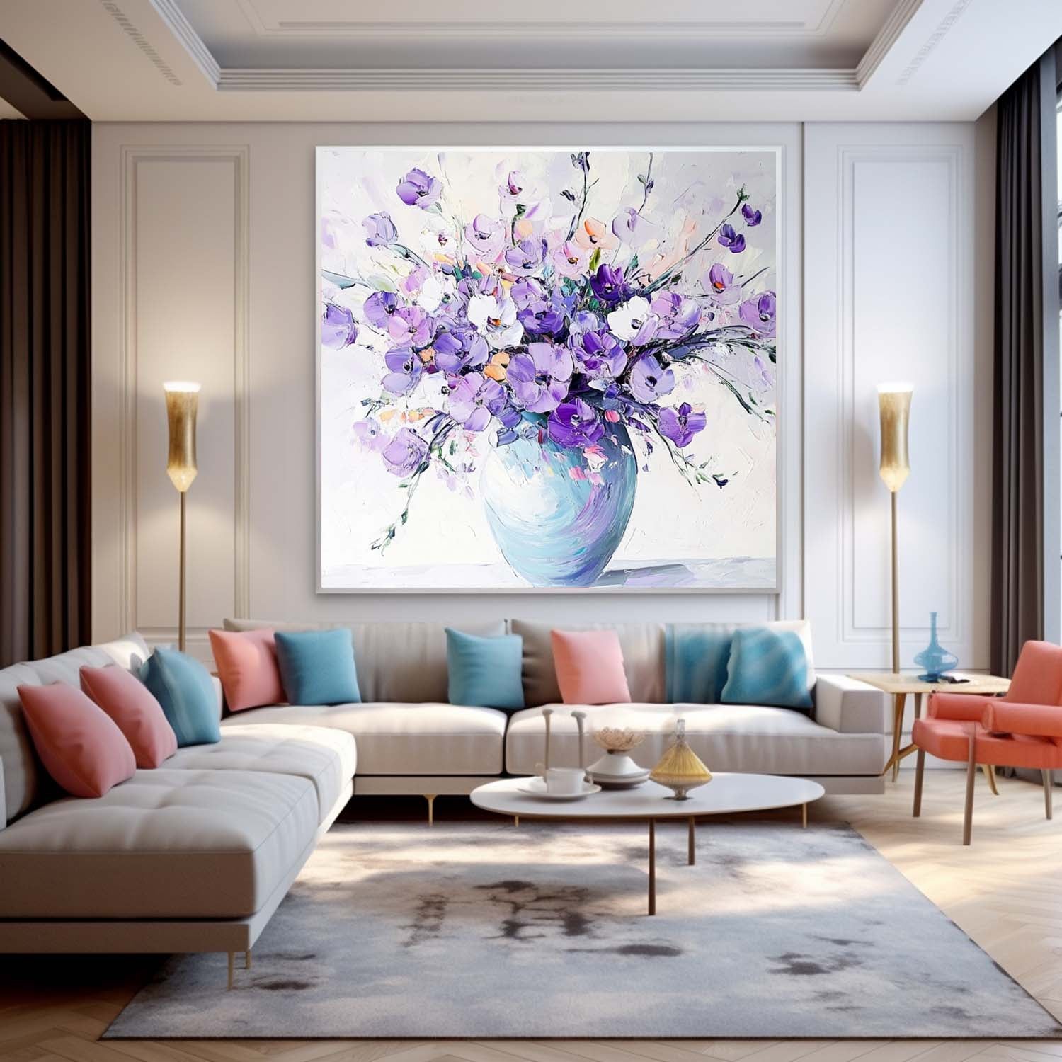 Impasto Lavender Floral Bouquet Oil Painting