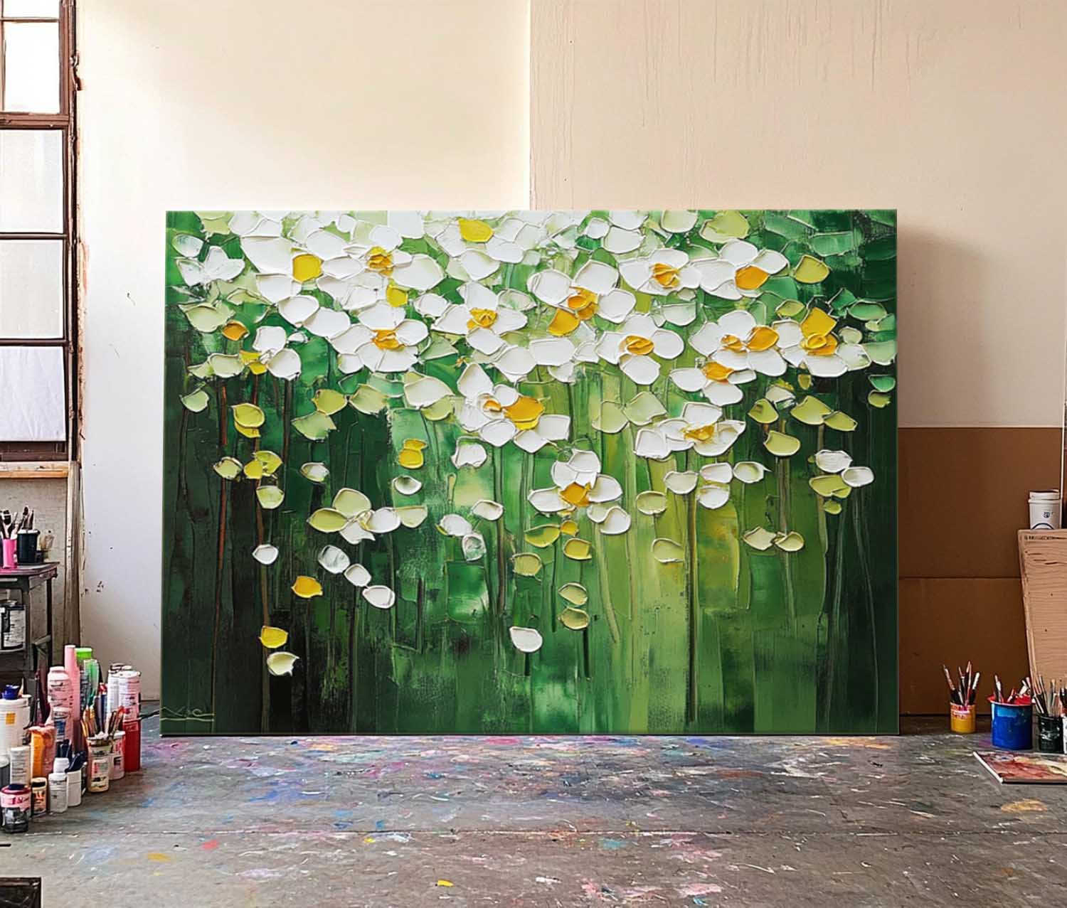 Lush Floral Canopy Oil Painting White Flowers Green