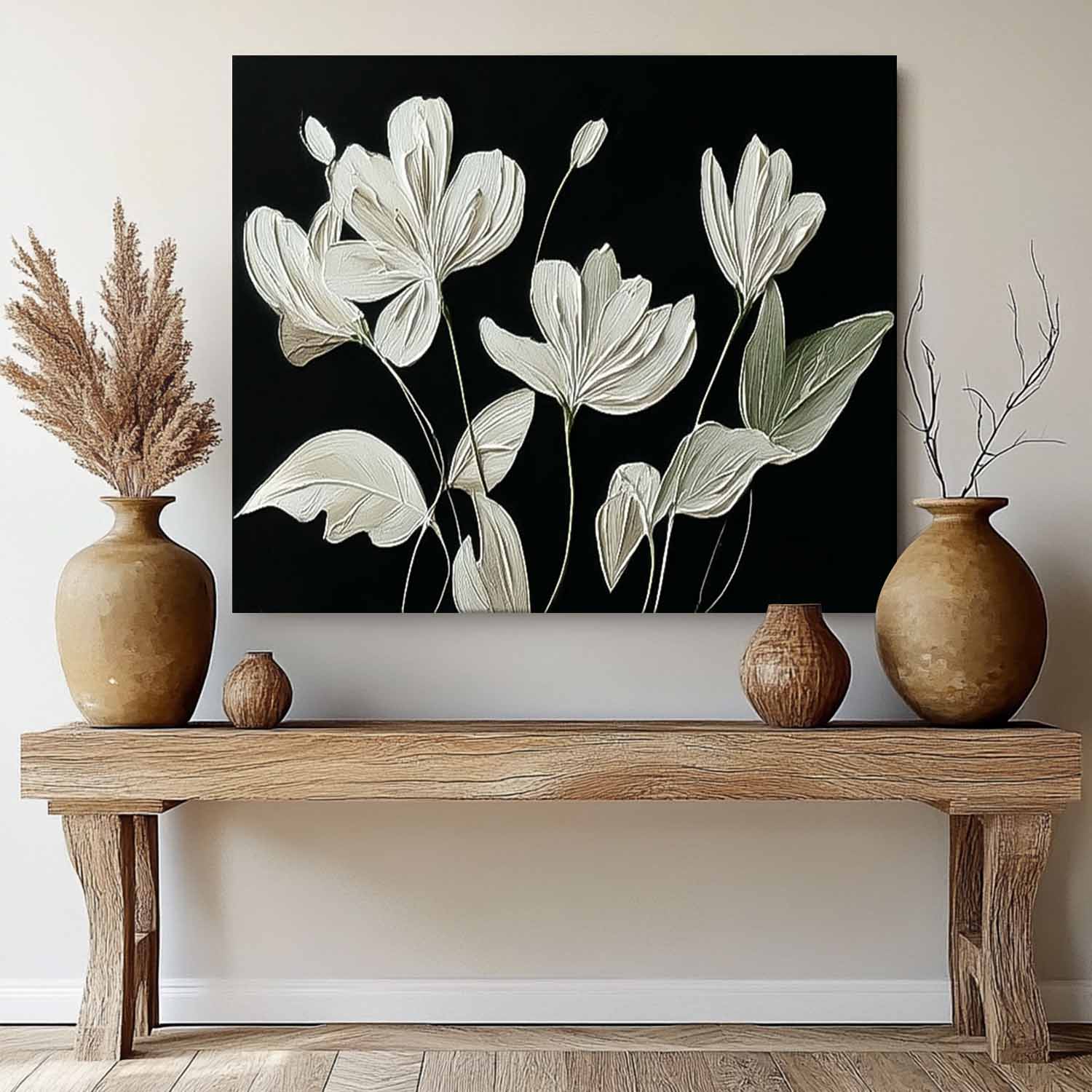 Contrast Floral Impasto Oil Painting White On Black