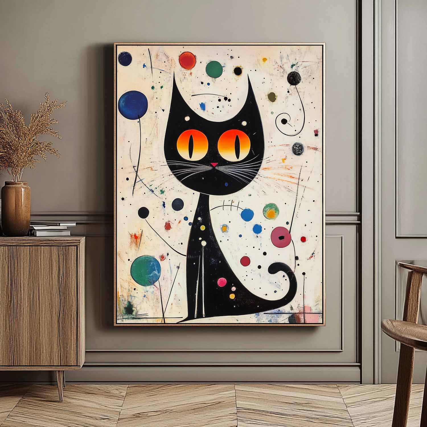 Mid-Century Modern Cat Painting Vibrant Retro